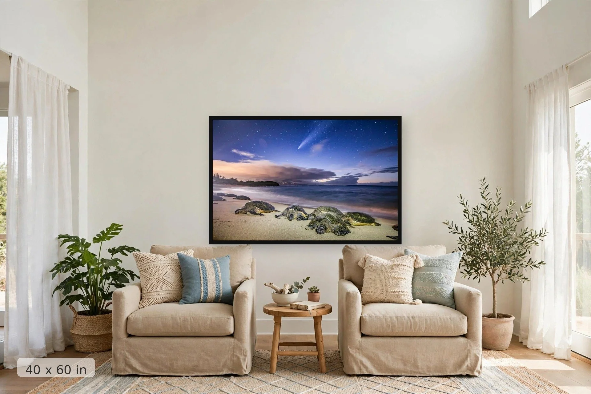 turtles sleep on the beach with the neowise comet traveling overhead — Neowise Honu print, 40x60 large mockup in a living room