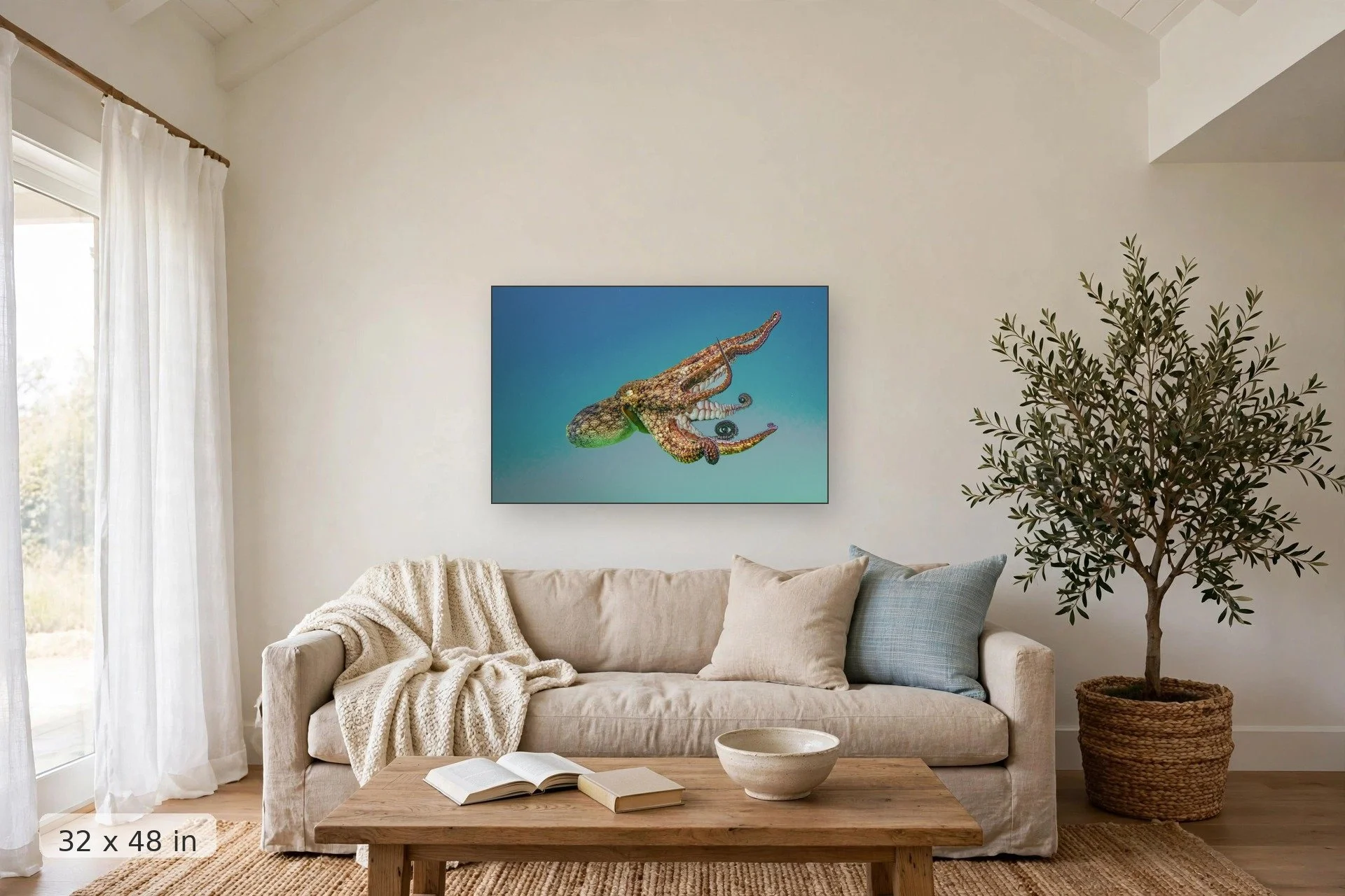 Green octopus swimming in Baja — El Pulpo 2 print, 32x48 mockup above a living room sofa