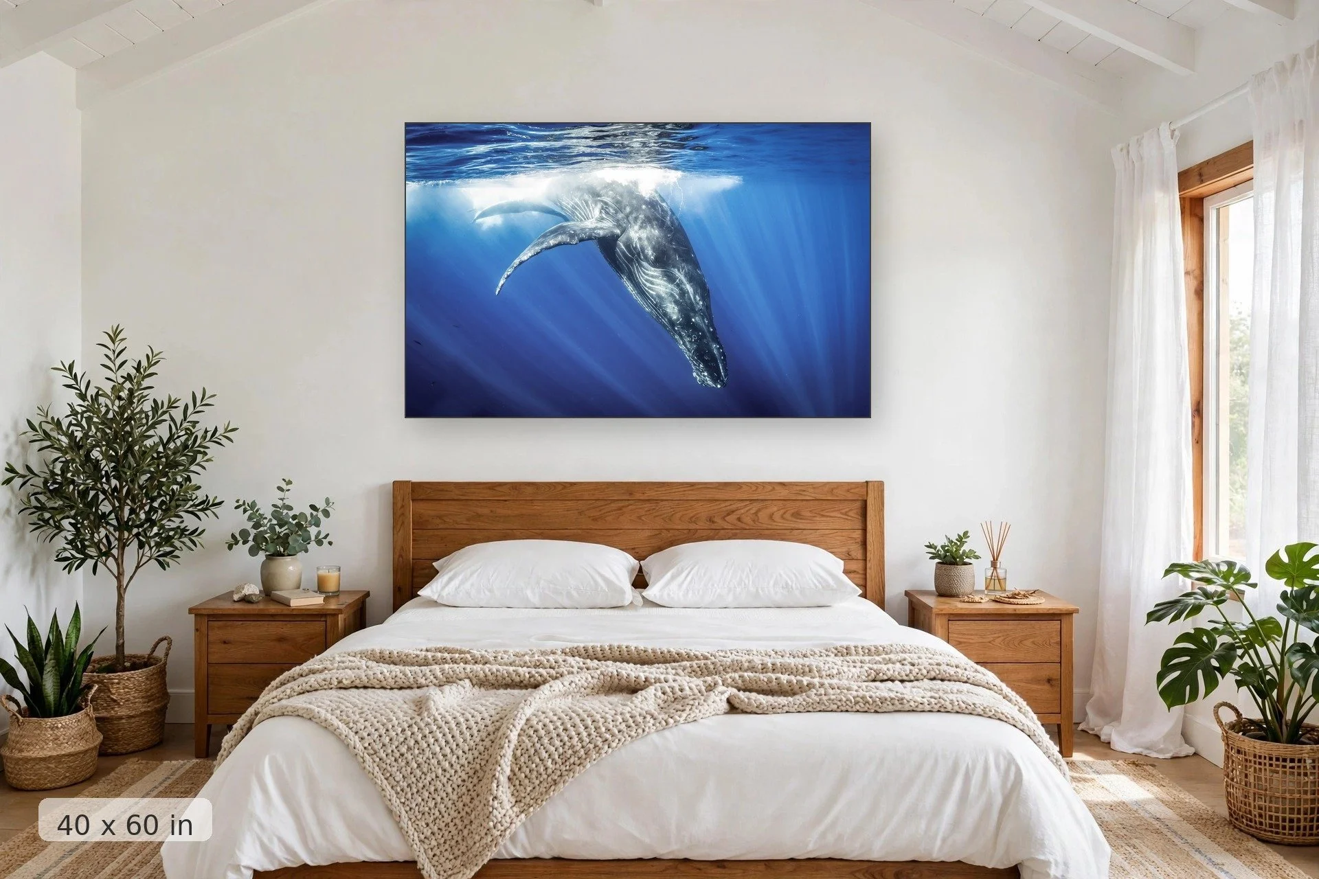 humpback whale diving below the ocean surface — Diving Whale print, 40x60 mockup above a bedroom headboard