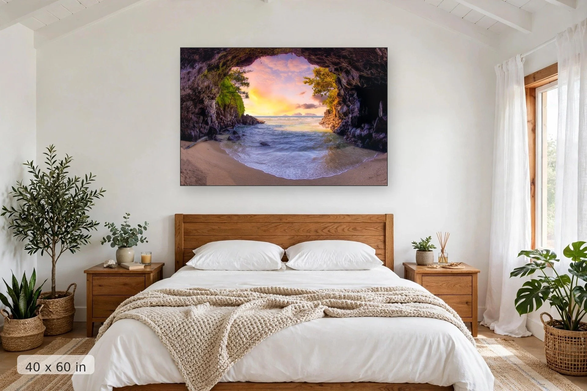 colorful and mystical cave looks out onto a calm ocean — Kauai Cave print, 40x60 mockup above a bedroom headboard