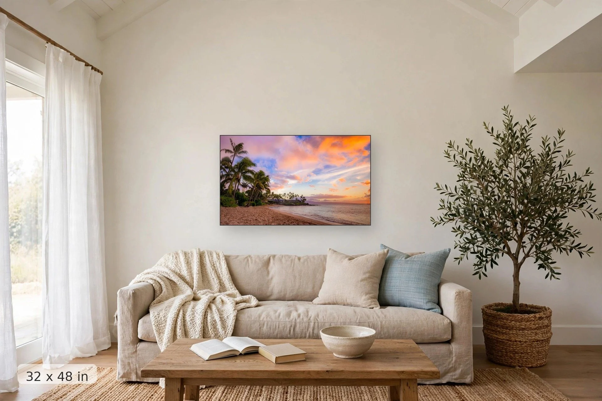 sunset over napili bay in west maui — Napili Bay print, 32x48 mockup above a living room sofa
