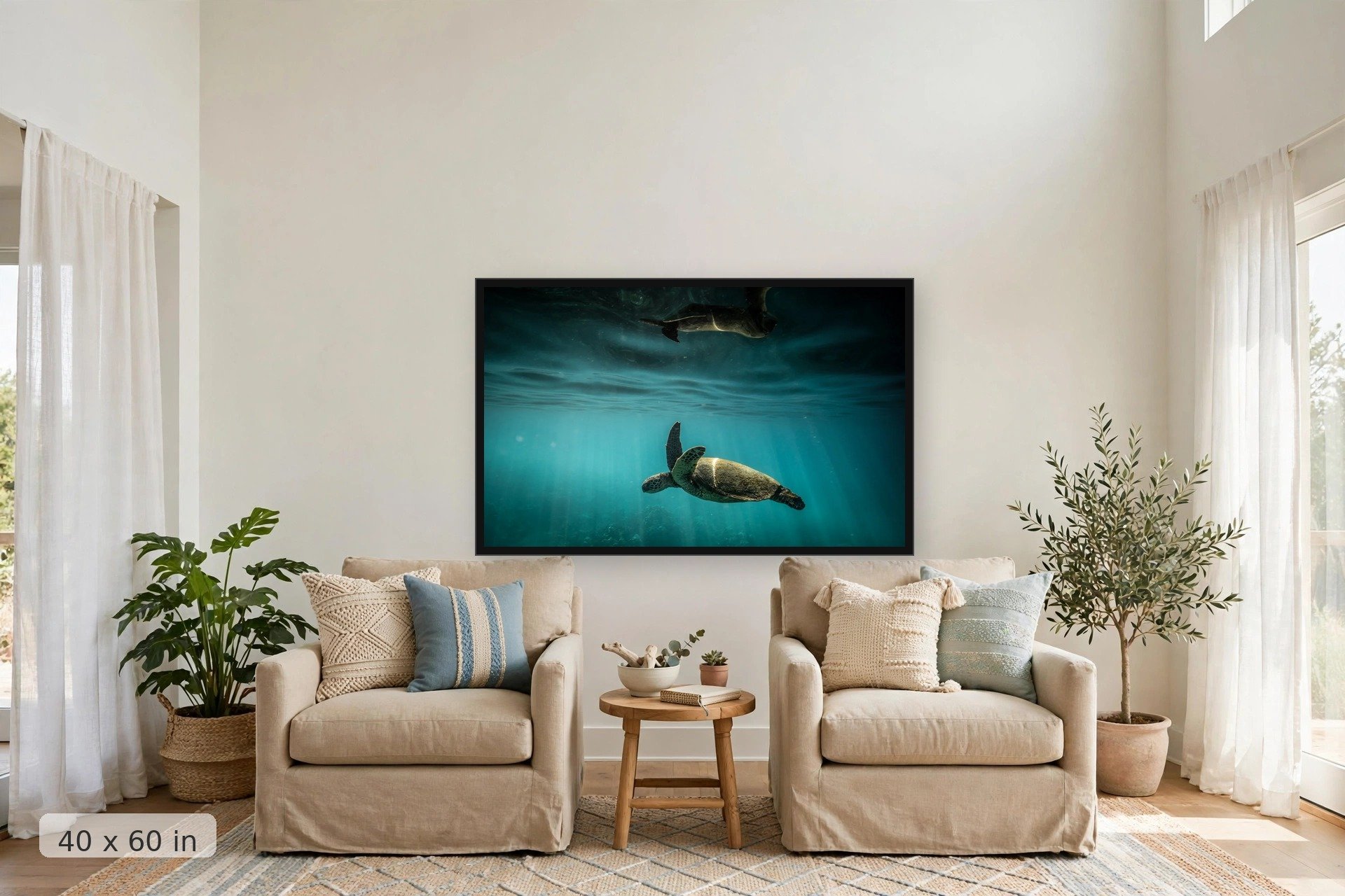sea turtle reflection on the water surface — Dark Reflection Turtle print, 40x60 large mockup in a living room