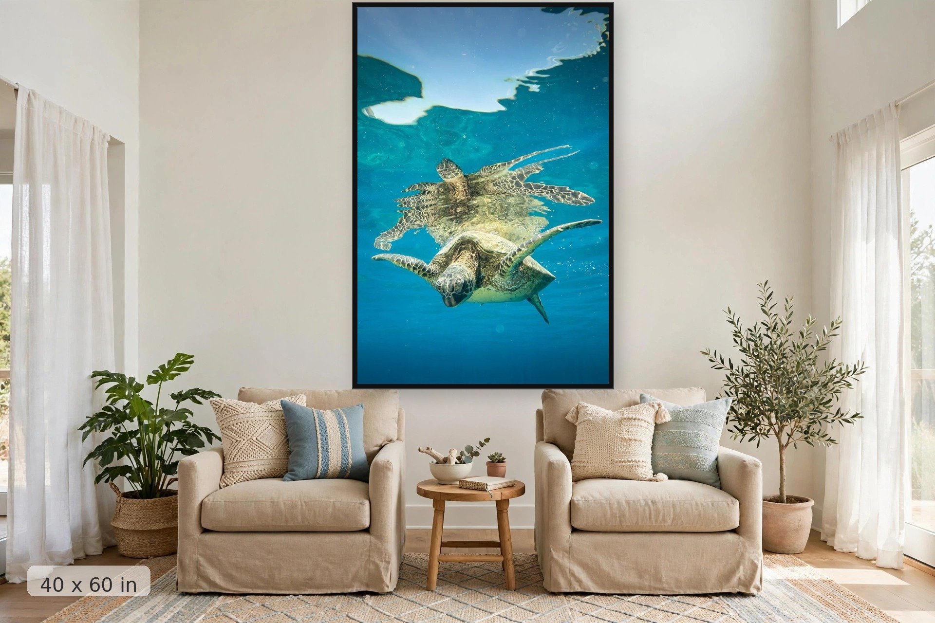 a turtles image reflects along the surface of the water — Mala Honu Reflection print, 40x60 large mockup in a living room