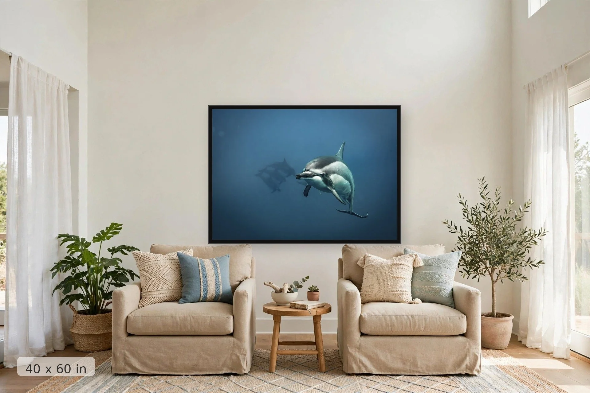 A curious spinner dolphin leaves its pod and swims toward the camera — Dolphin Peek print, 40x60 large mockup in a living room