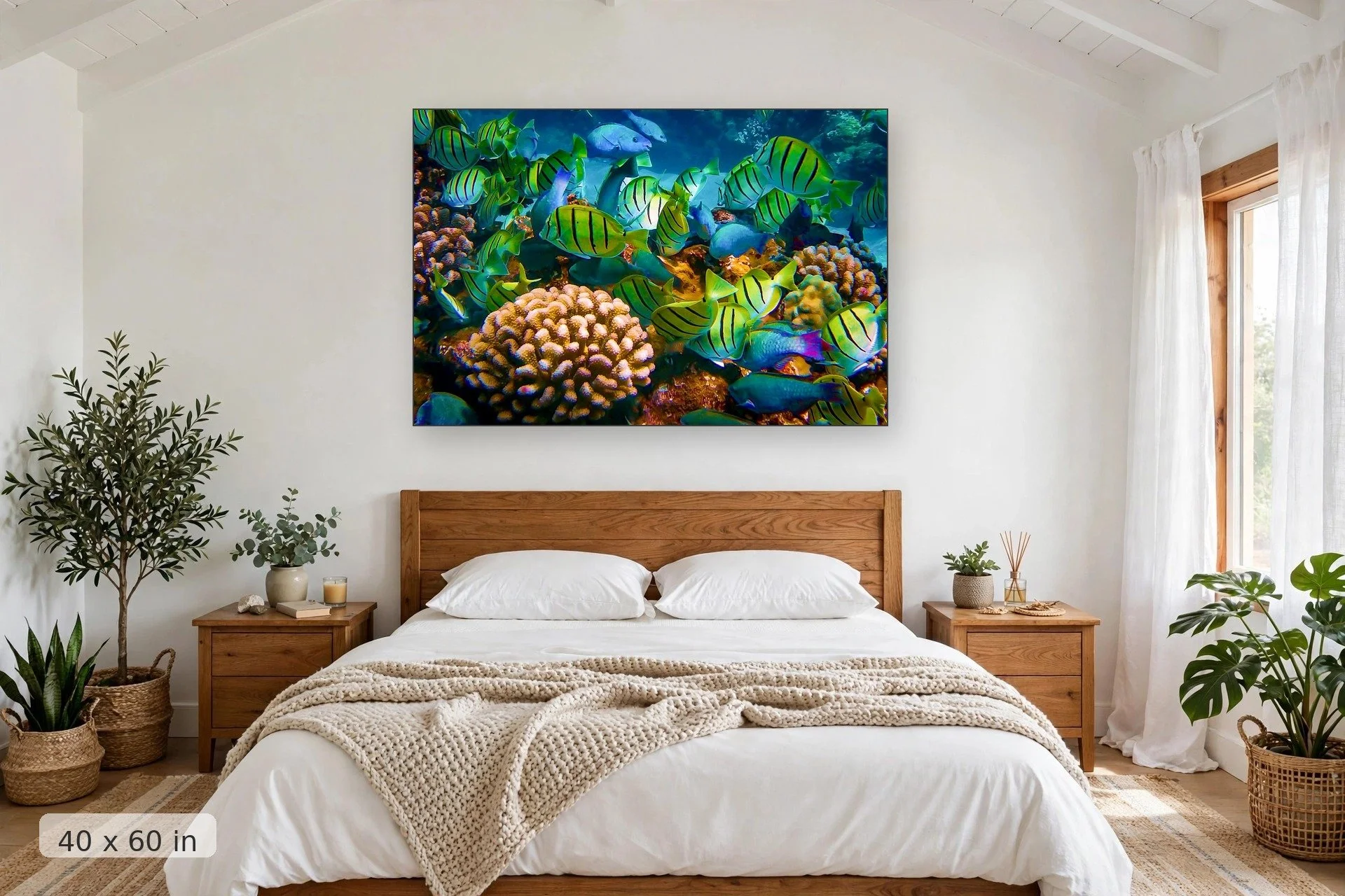 Feeding frenzy on a Hawaii reef — Feeding Frenzy print, 40x60 mockup above a bedroom headboard
