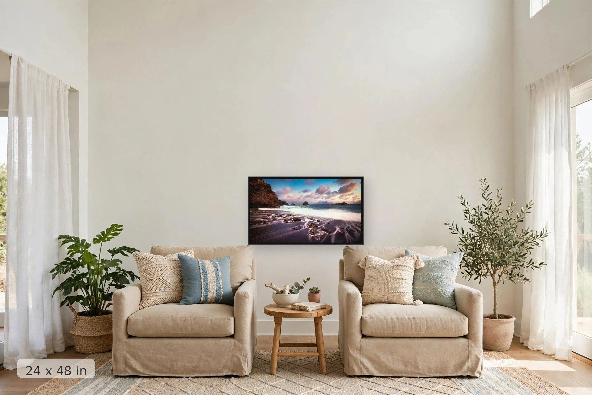 purple clouds over a black sand beach, Maui — Black Sand Sunrise print, 40x60 large mockup in a living room