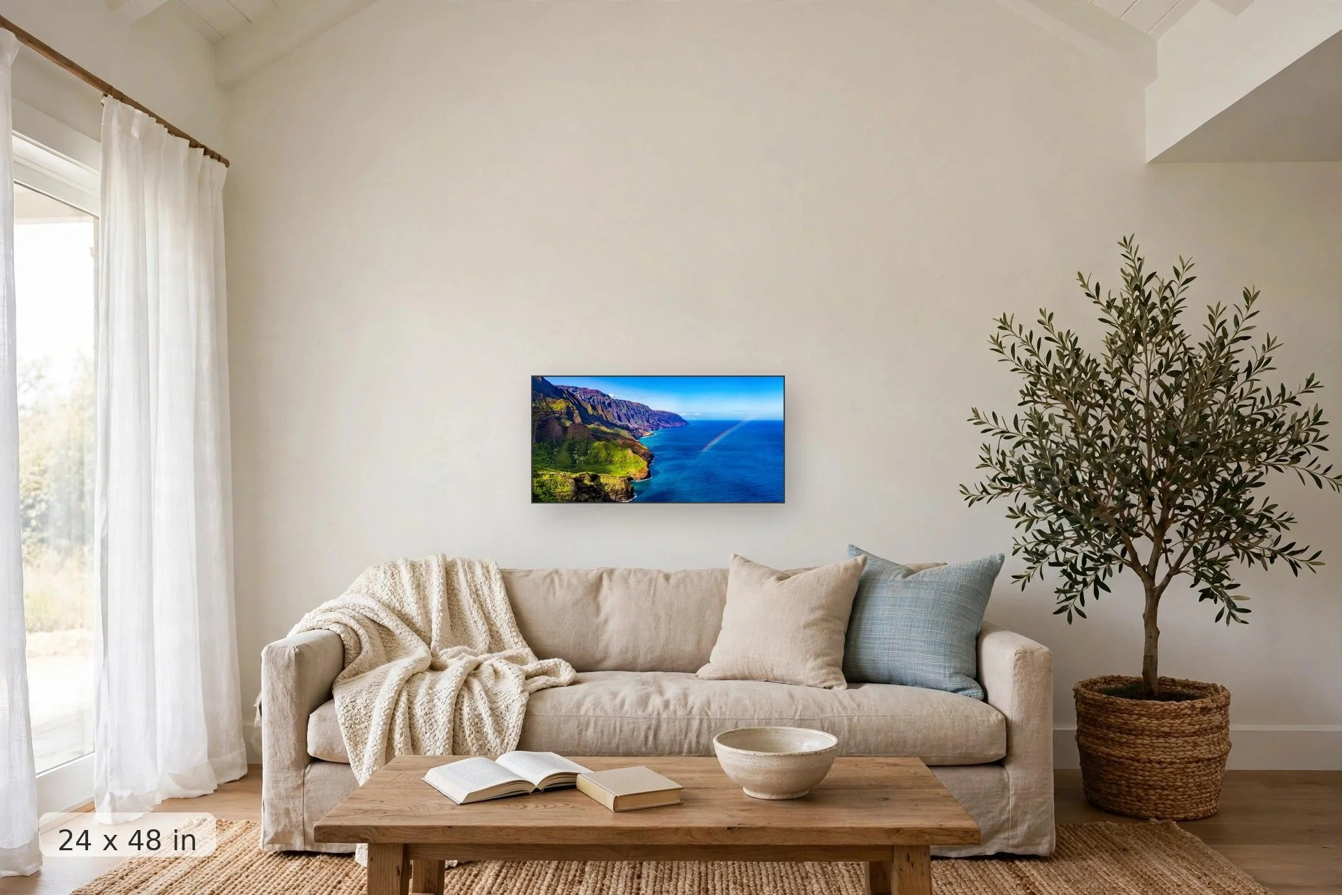 Rainbow over the Napali Coast panoramic — Napali Rainbow Panoramic print, 32x48 mockup above a living room sofa