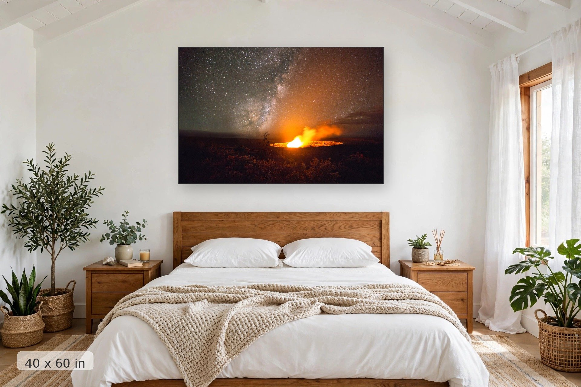 glowing volcanic caldera with milky way — Caldera and Milky Way print, 40x60 mockup above a bedroom headboard