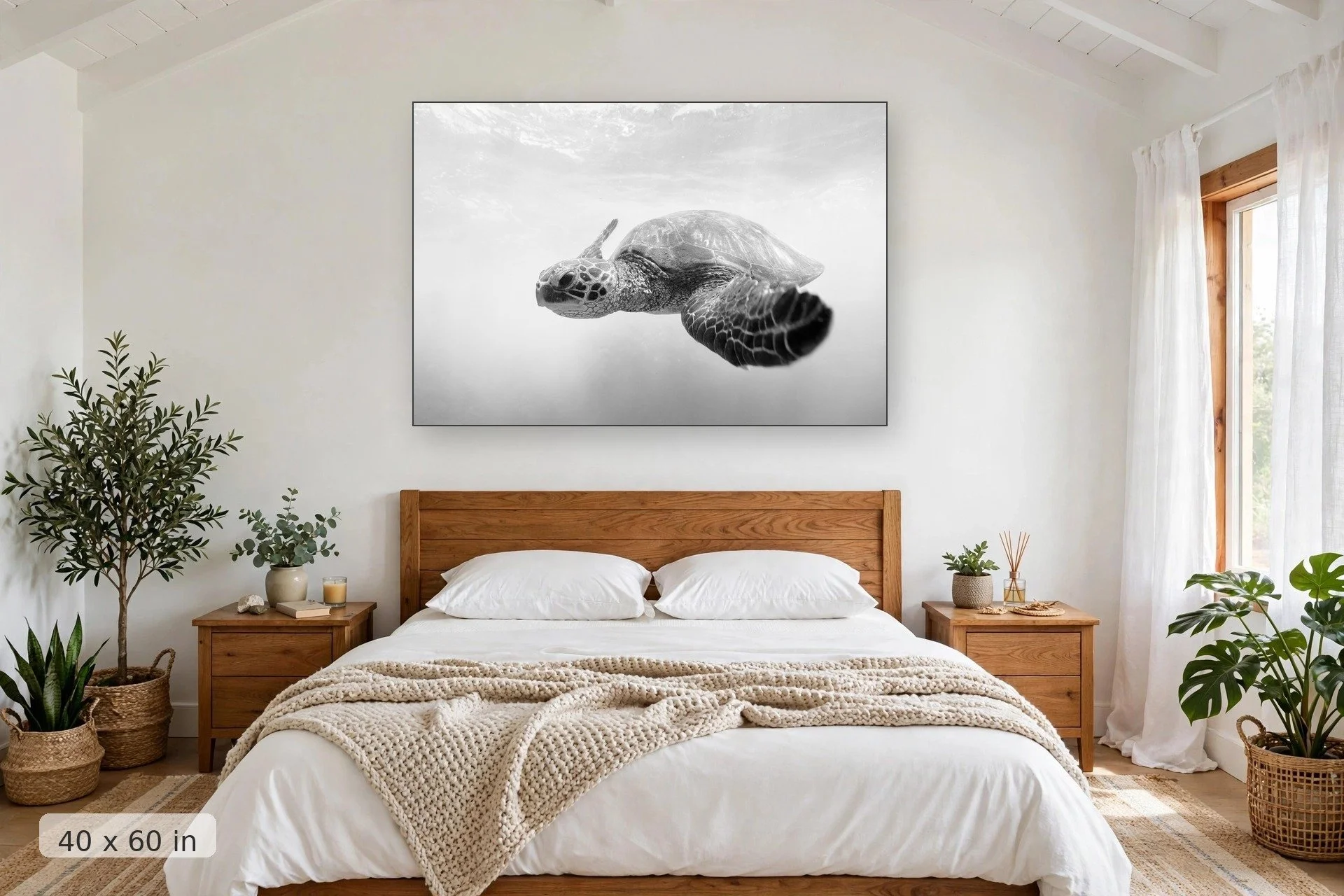 black and white turtle swimming — Makena Honu print, 40x60 mockup above a bedroom headboard