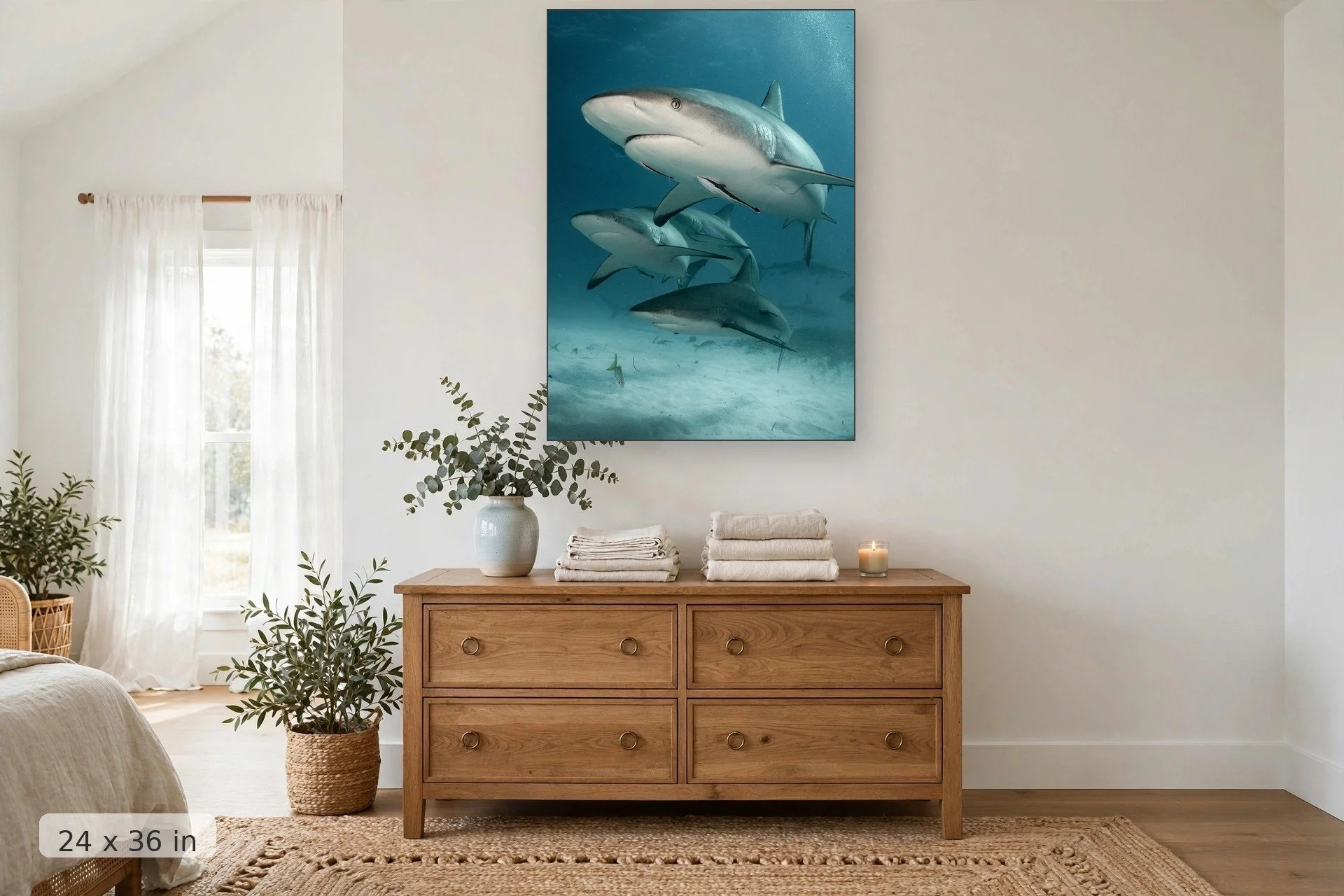 Reef sharks cruising the reef — Reef Sharks print, 24x36 mockup above a dresser