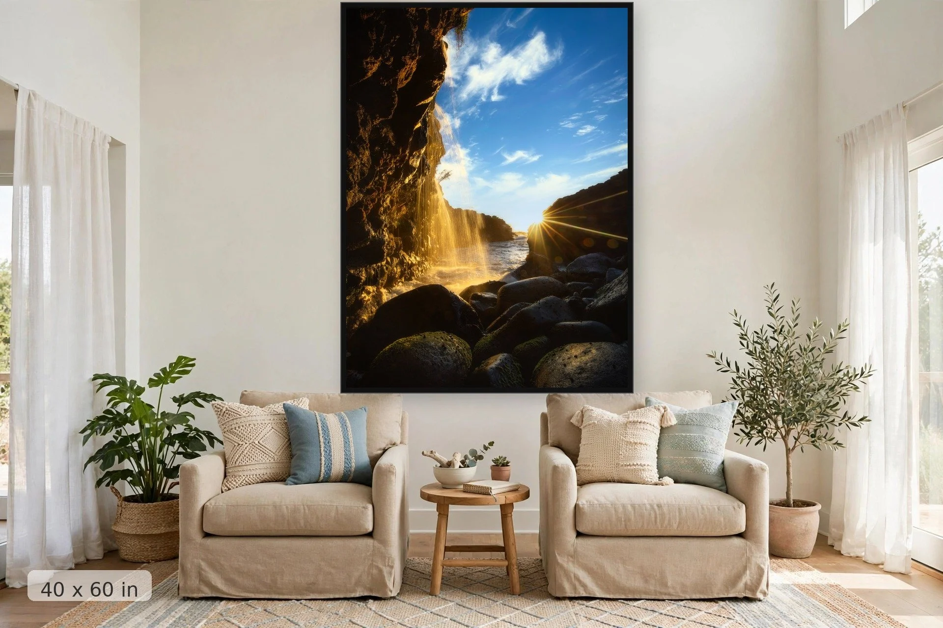 view from the bottom of queens bath in kauai with golden sunset in background — Queens Sunburst print, 40x60 large mockup in a living room