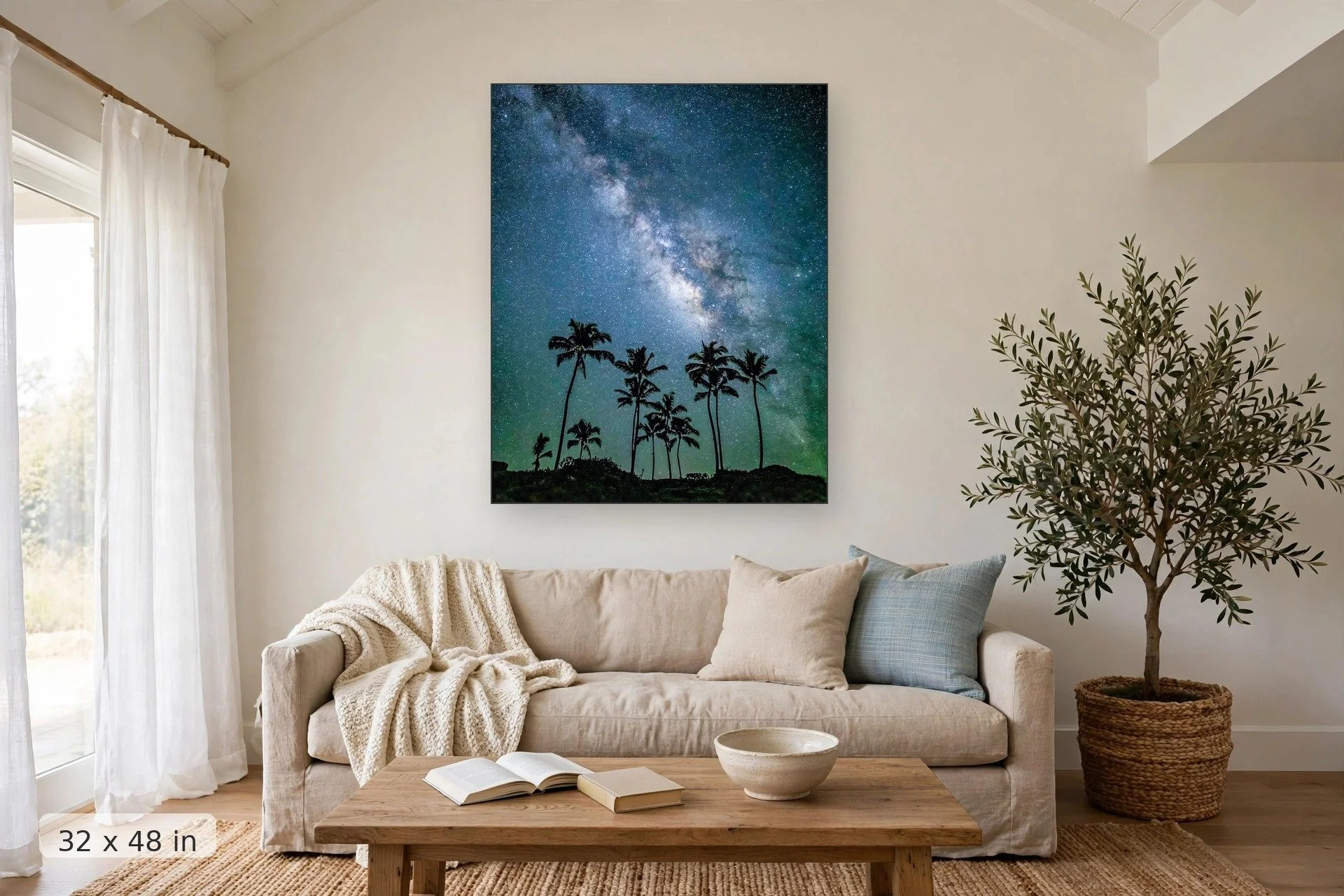 Milky Way over a palm grove — Palm Grove Milky Way print, 32x48 mockup above a living room sofa