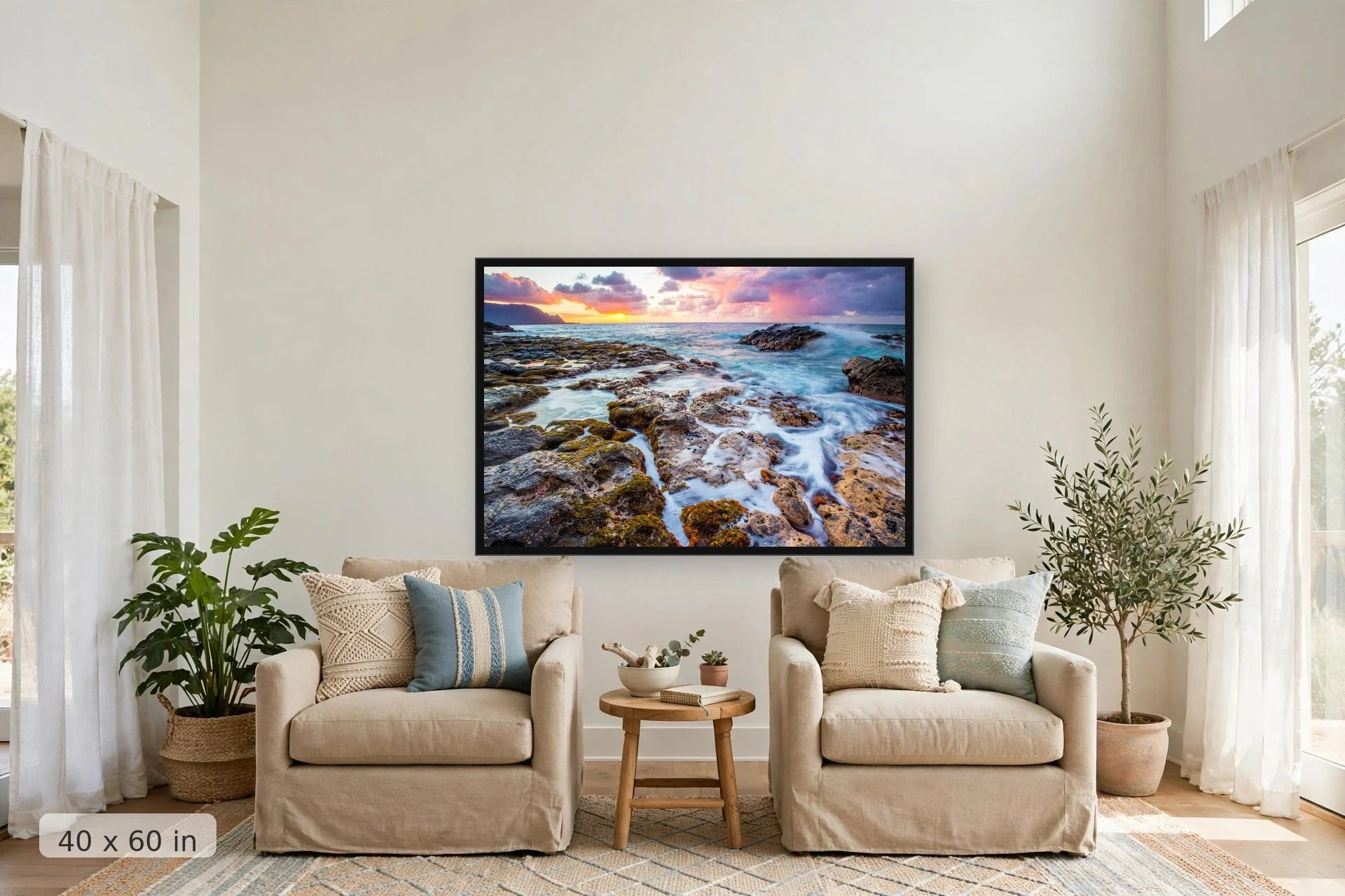 sunset along the south shore of maui with textural and colorful tide pools in the foreground — Tidal Sunset print, 40x60 large mockup in a living room