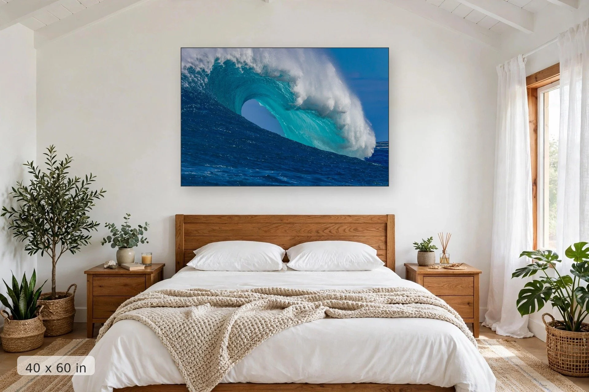 Hollow wave barrel at Peahi, Maui — Peahi Hollow print, 40x60 mockup above a bedroom headboard
