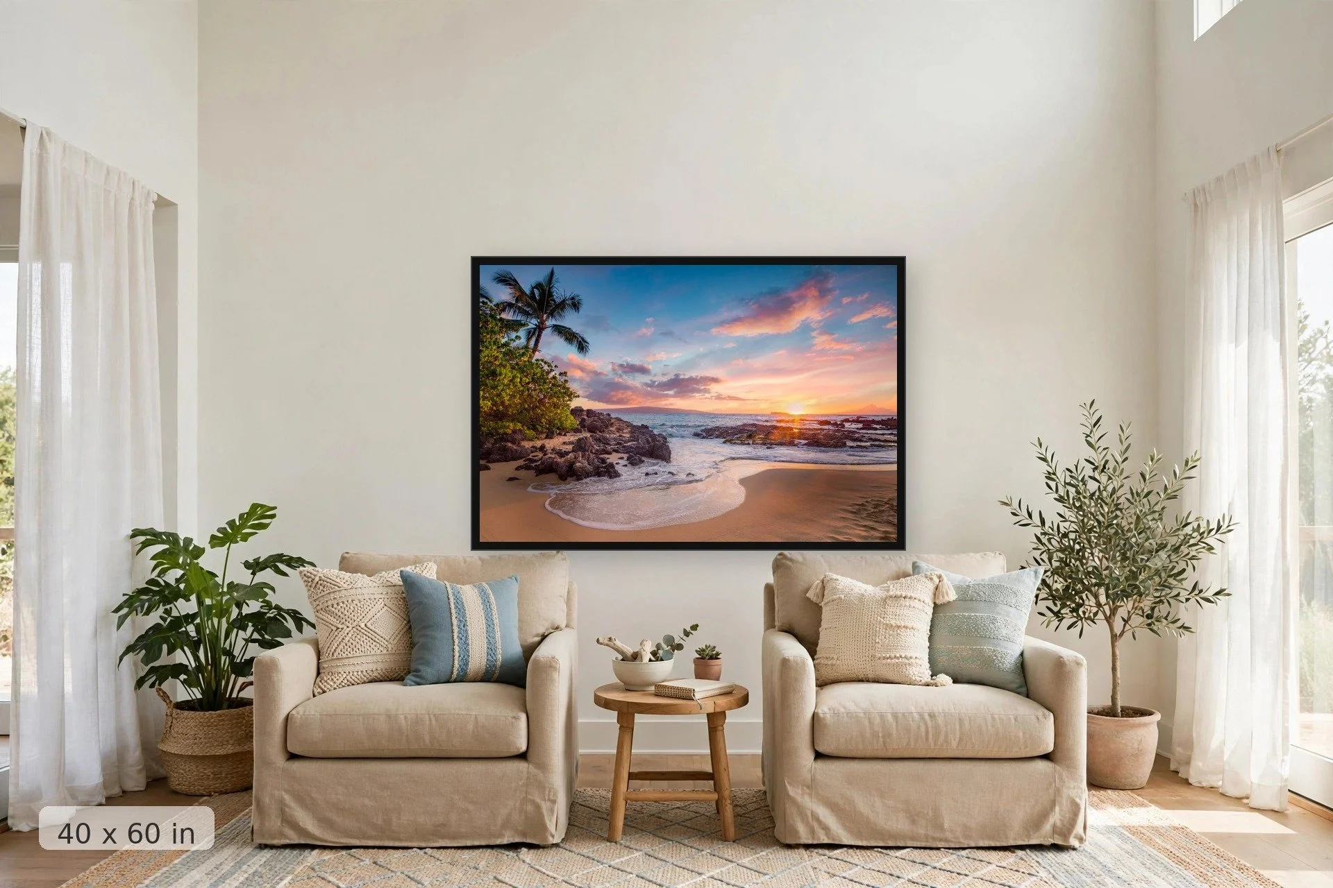 makena cove beach with pink sunset in background — Makena Cove Sunset print, 40x60 large mockup in a living room