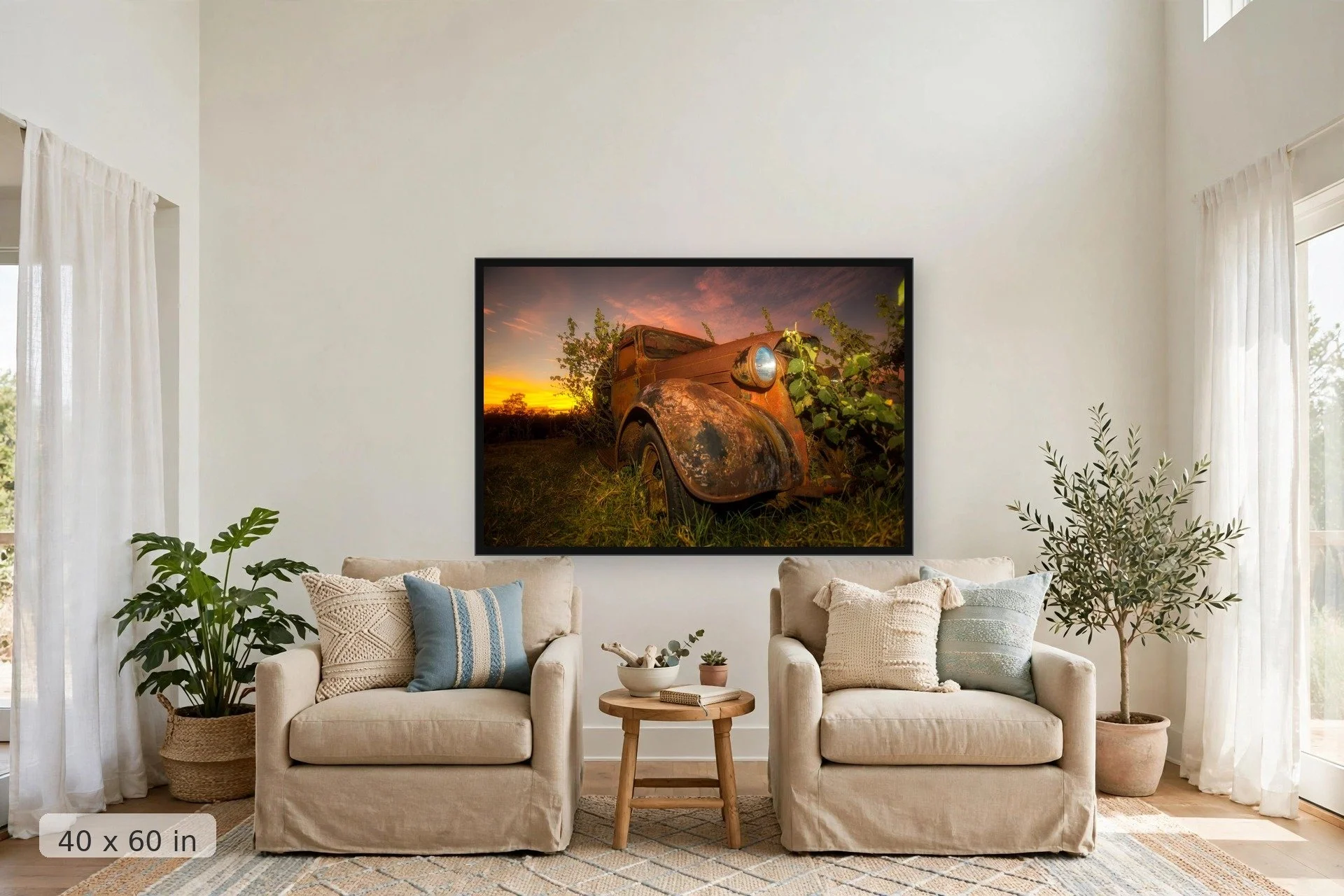 plants overtaking rusty old truck with pink sunset in background — Reclaimed print, 40x60 large mockup in a living room