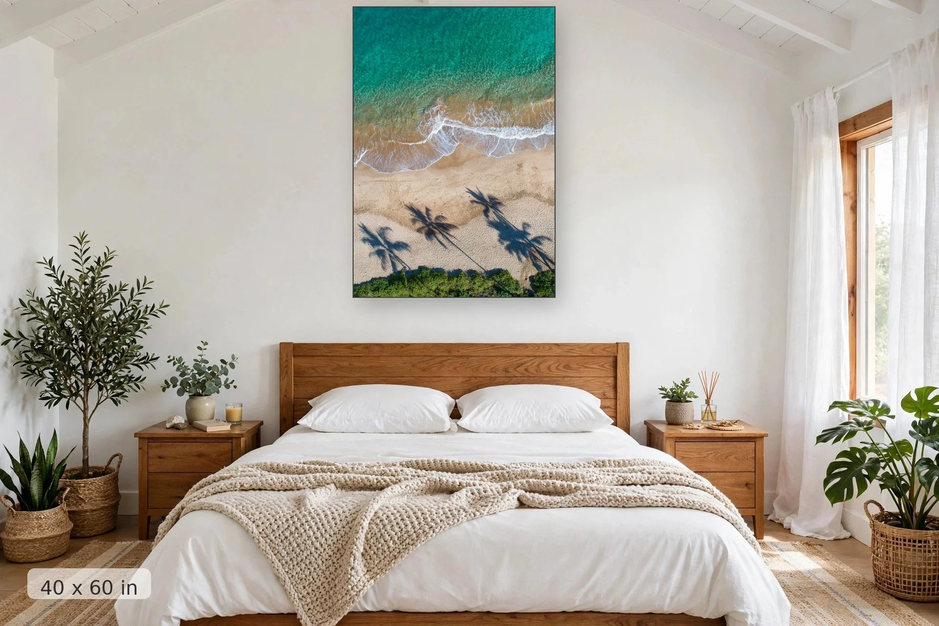 Aerial view of tropical coastline — Aerial Makalua print, 40x60 mockup above a bedroom headboard