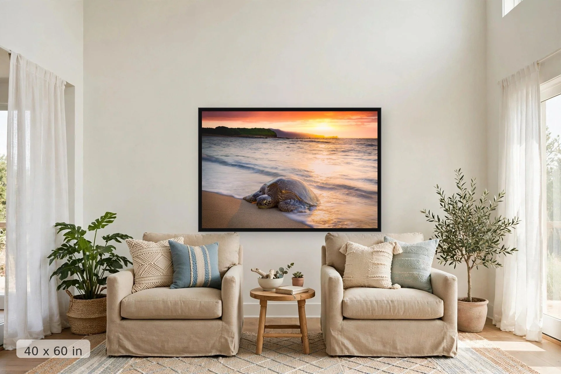 a turtle sleeps on an empty beach with a vibrant sunset in the background — Kuau Honu print, 40x60 large mockup in a living room