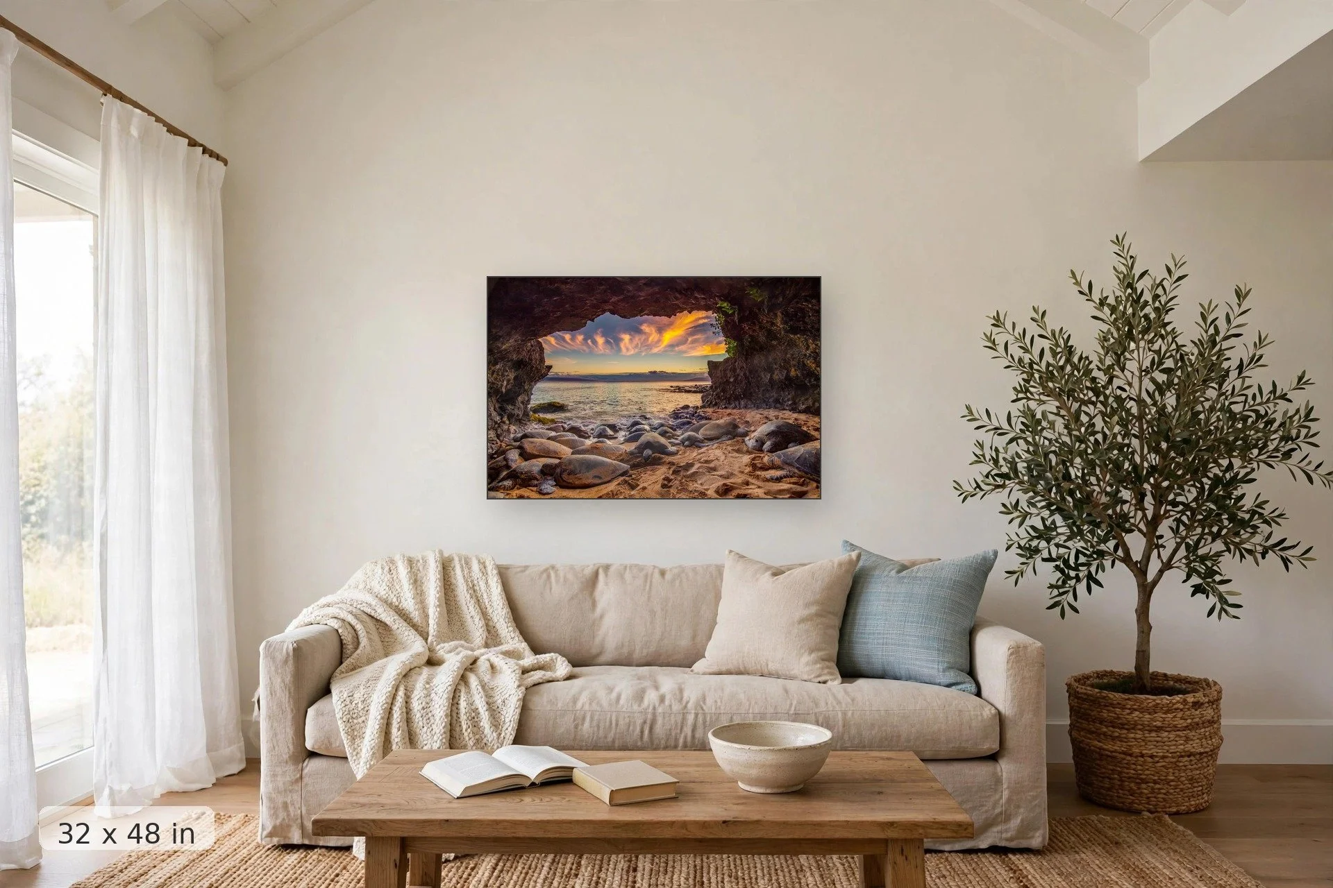 a bale of turtles sleep in a secret cave with sunset and a distant island in the background — Pao Honu print, 32x48 mockup above a living room sofa