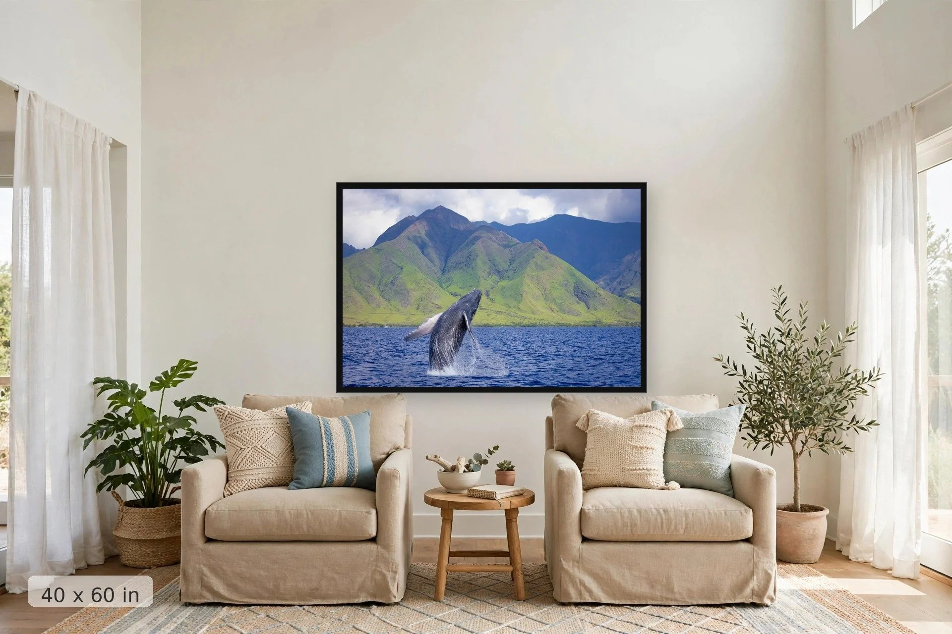 Baby humpback whale breaching with West Maui mountains background — Baby Breach Photo - Baby Humpback Whale in Maui print, 40x60 large mockup in a living room