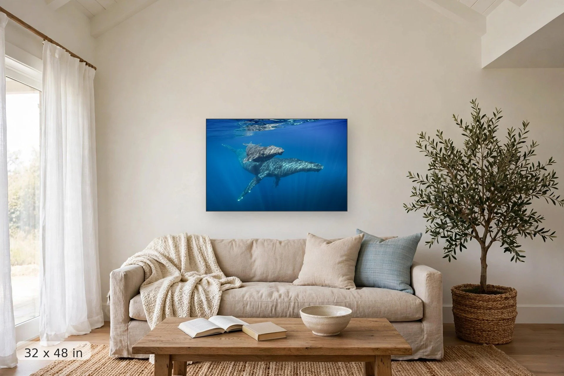 Close encounter with humpback whales — Close Encounters print, 32x48 mockup above a living room sofa