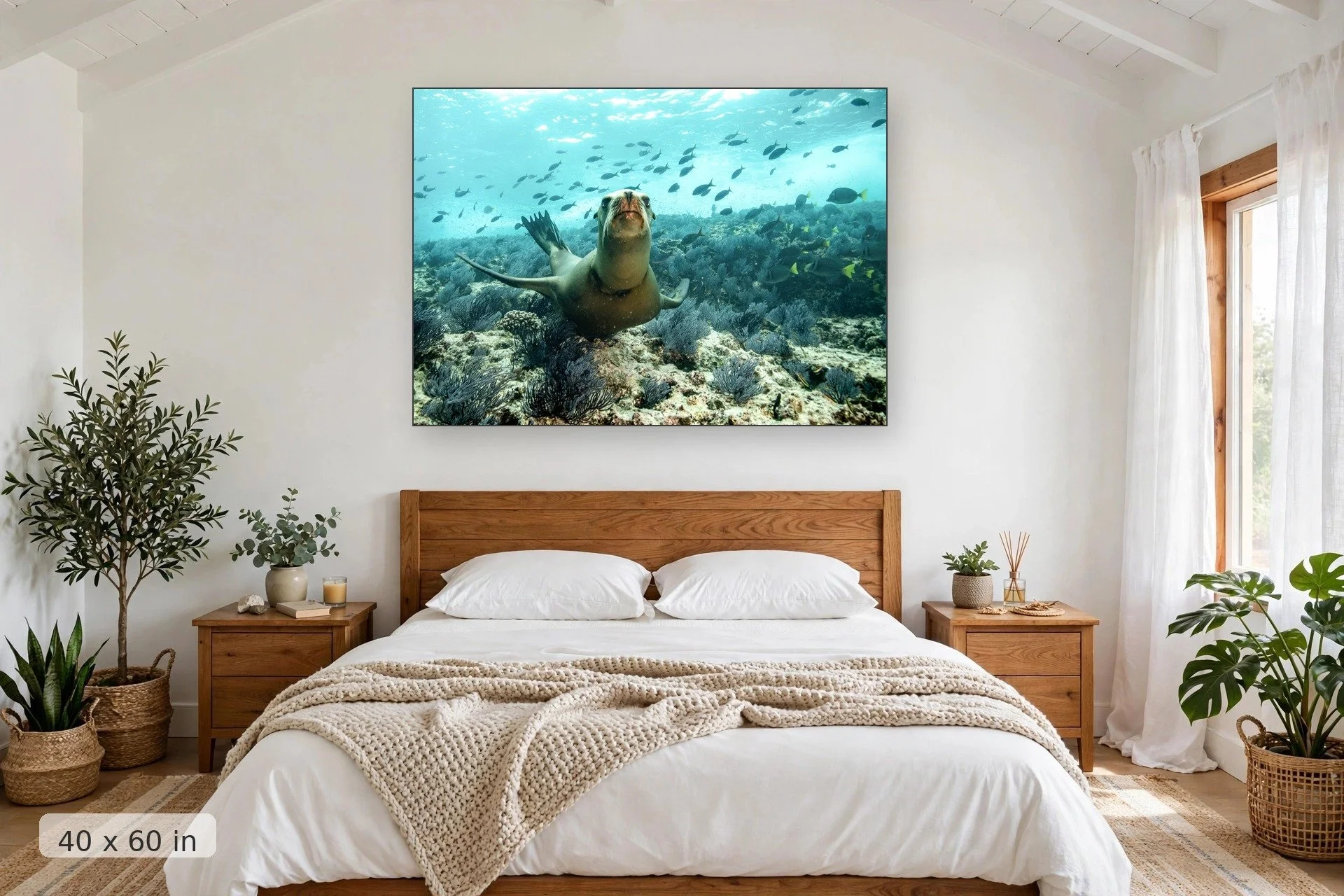 Sea lion dancing underwater — Dancing Sea Lion print, 40x60 mockup above a bedroom headboard