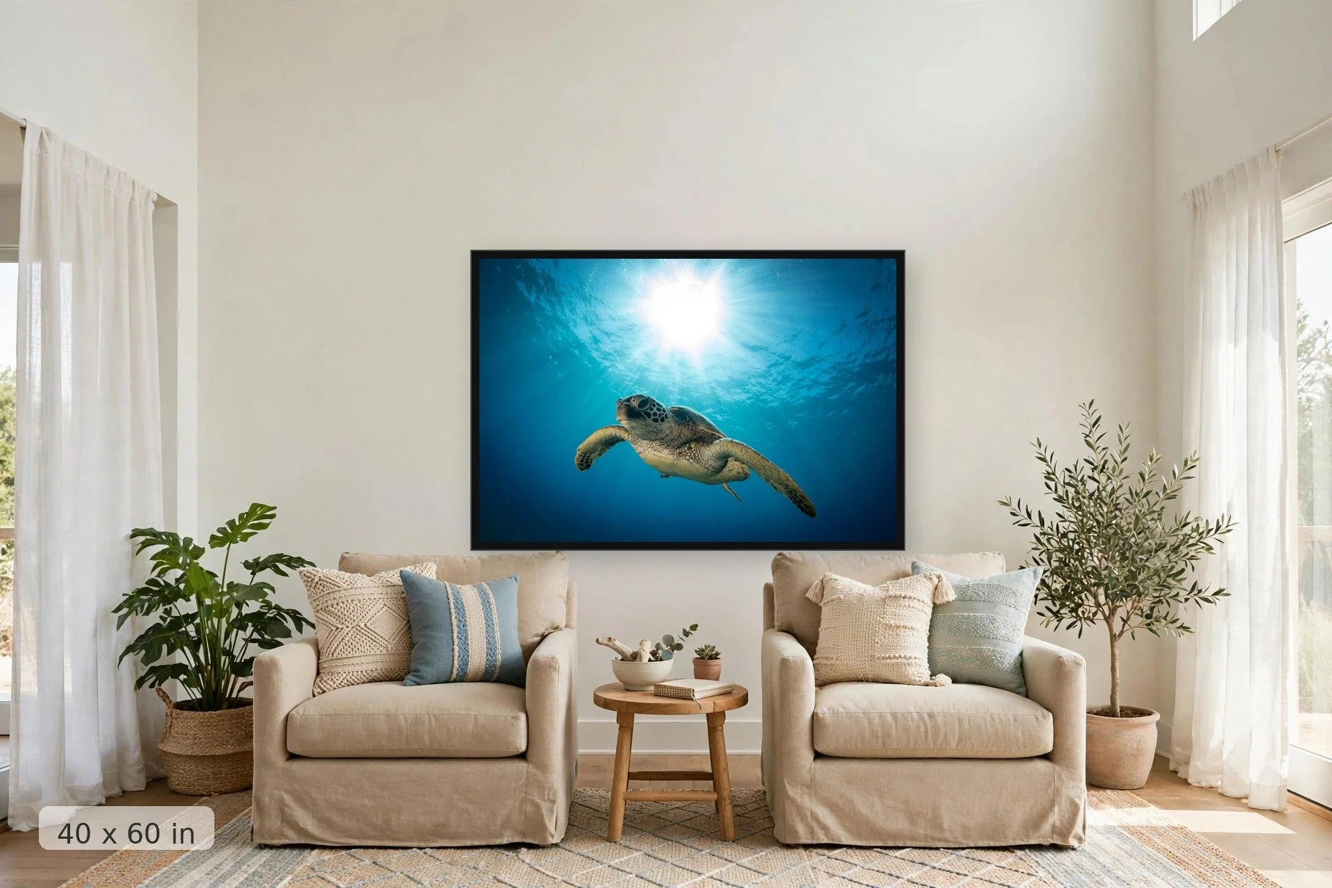 a turtle swims underwater with the sun forming a halo overhead — Honu Heaven print, 40x60 large mockup in a living room