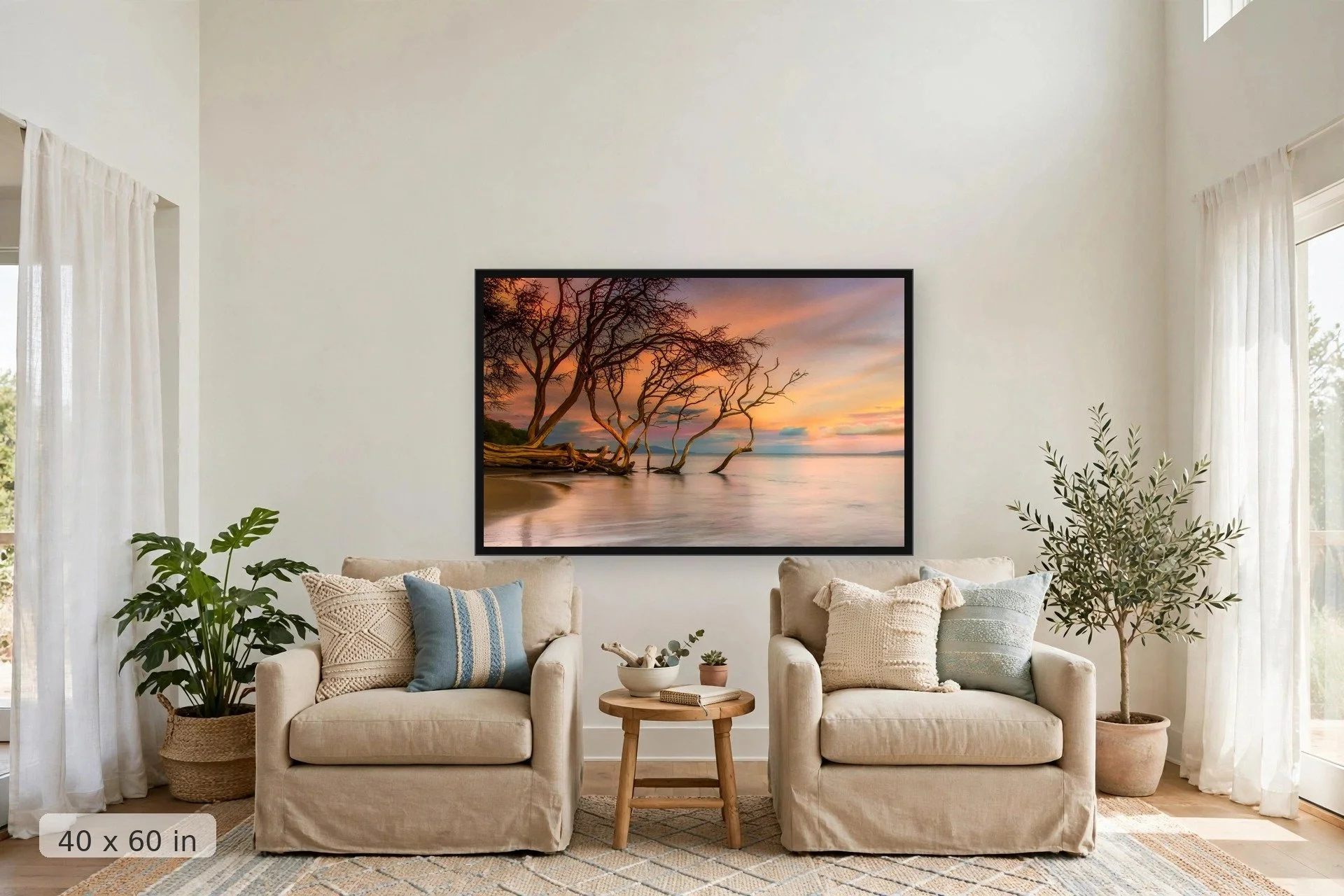 kiawe trees dip into the ocean along the seashore at Olowalu — Olowalu Kiawe print, 40x60 large mockup in a living room