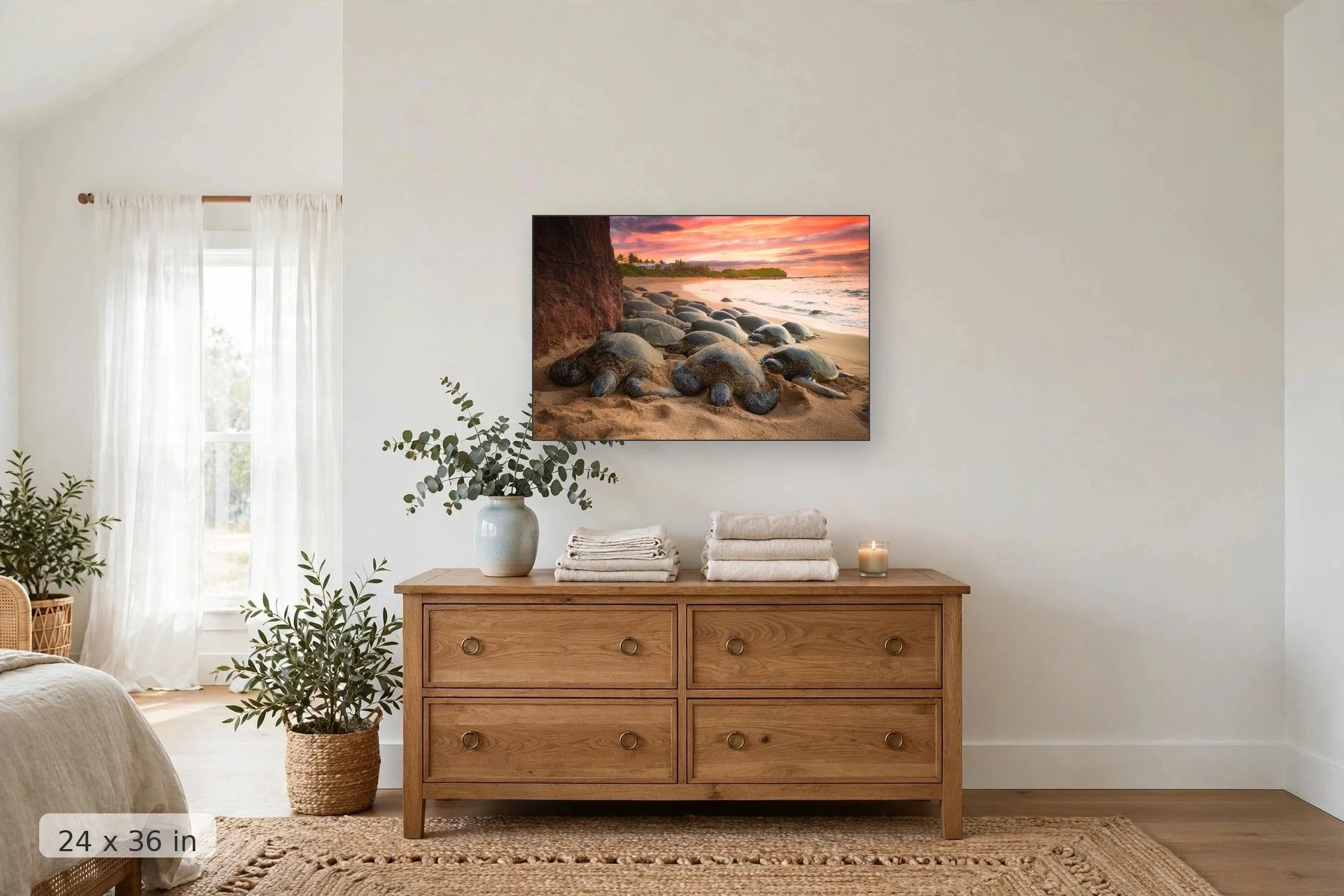 Turtles sleeping on beach with sunset in background — Tavares Turtles print, 24x36 mockup above a dresser
