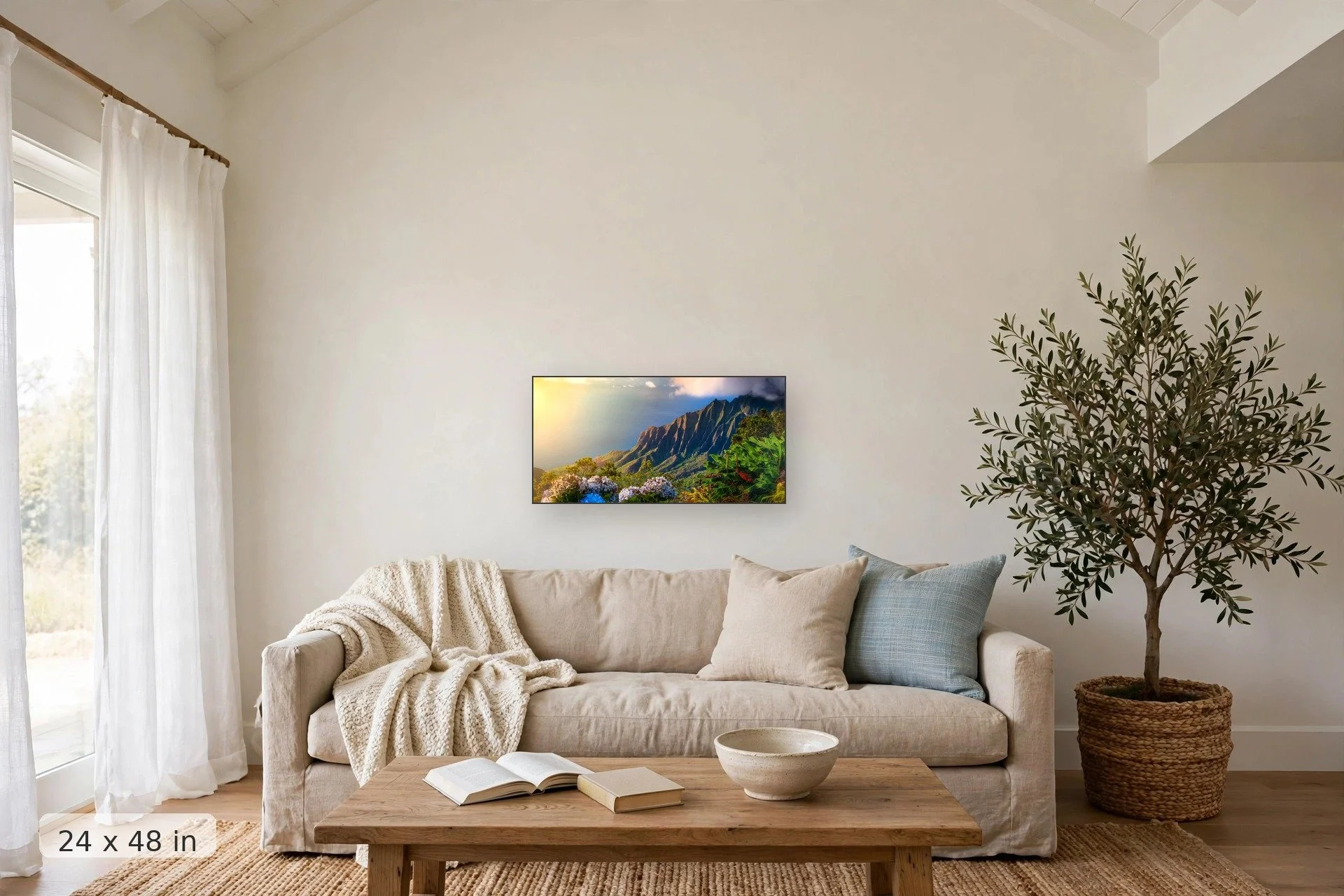 Hydrangea flowers in Kalalau, Kauai — Kalalau Hydrangeas print, 32x48 mockup above a living room sofa
