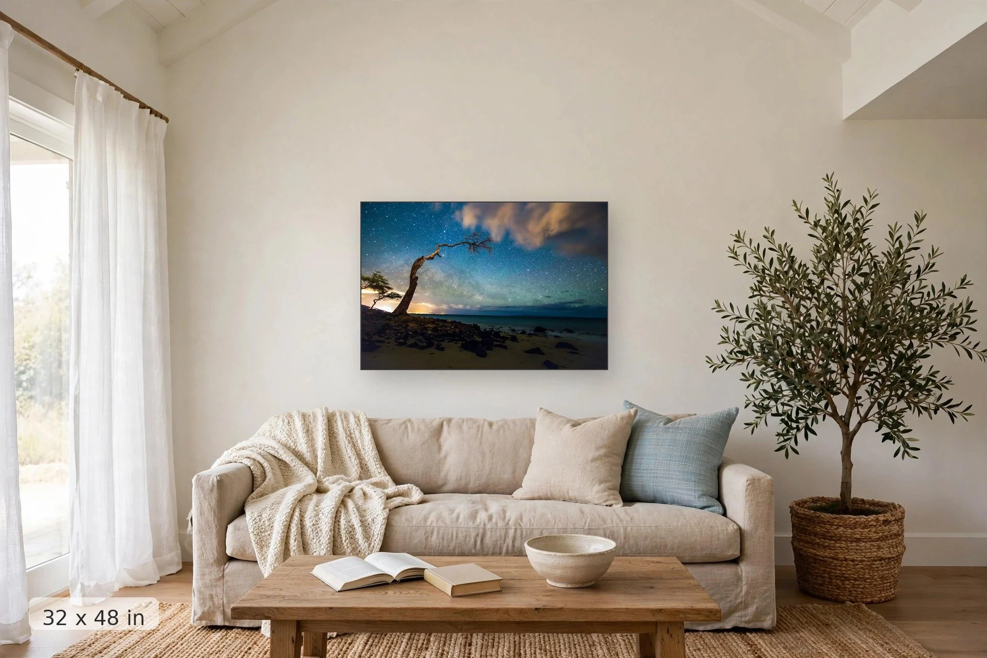 Milky Way over Kihei, Maui — Milky Way Over Kihei print, 32x48 mockup above a living room sofa