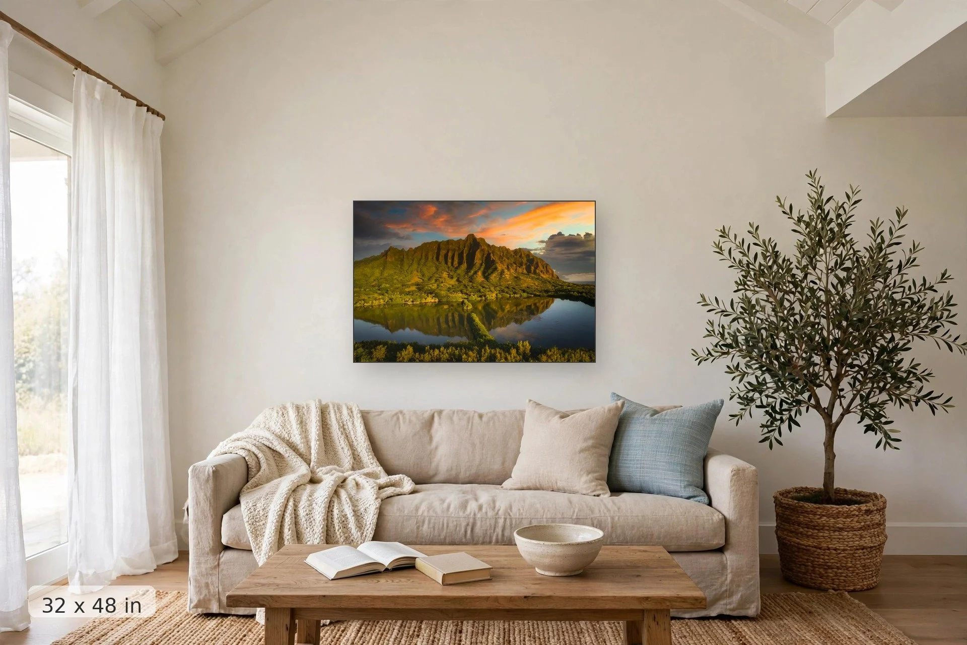 sunrise over green mountains of kanaloa, hawaii — Kanaloa Sunrise print, 32x48 mockup above a living room sofa