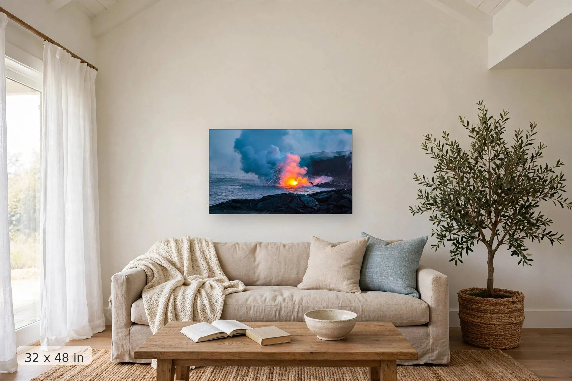 lava pours into the ocean creating an explosion of light when touching the water — Lava Explosion print, 32x48 mockup above a living room sofa