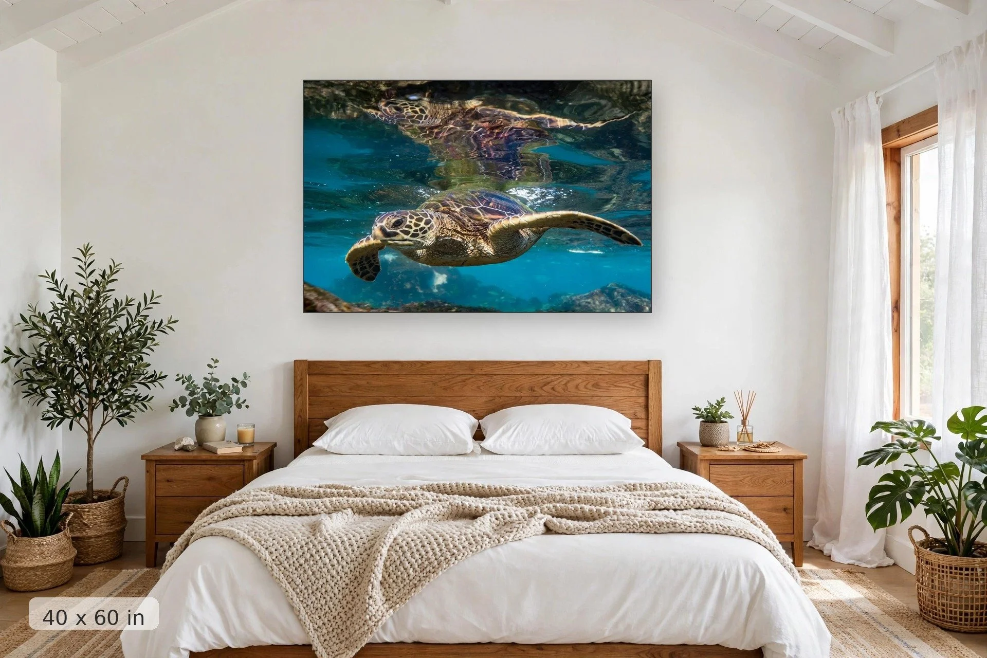 a sea turtle swims along the water surface reflecting its image — Honu Reflection print, 40x60 mockup above a bedroom headboard