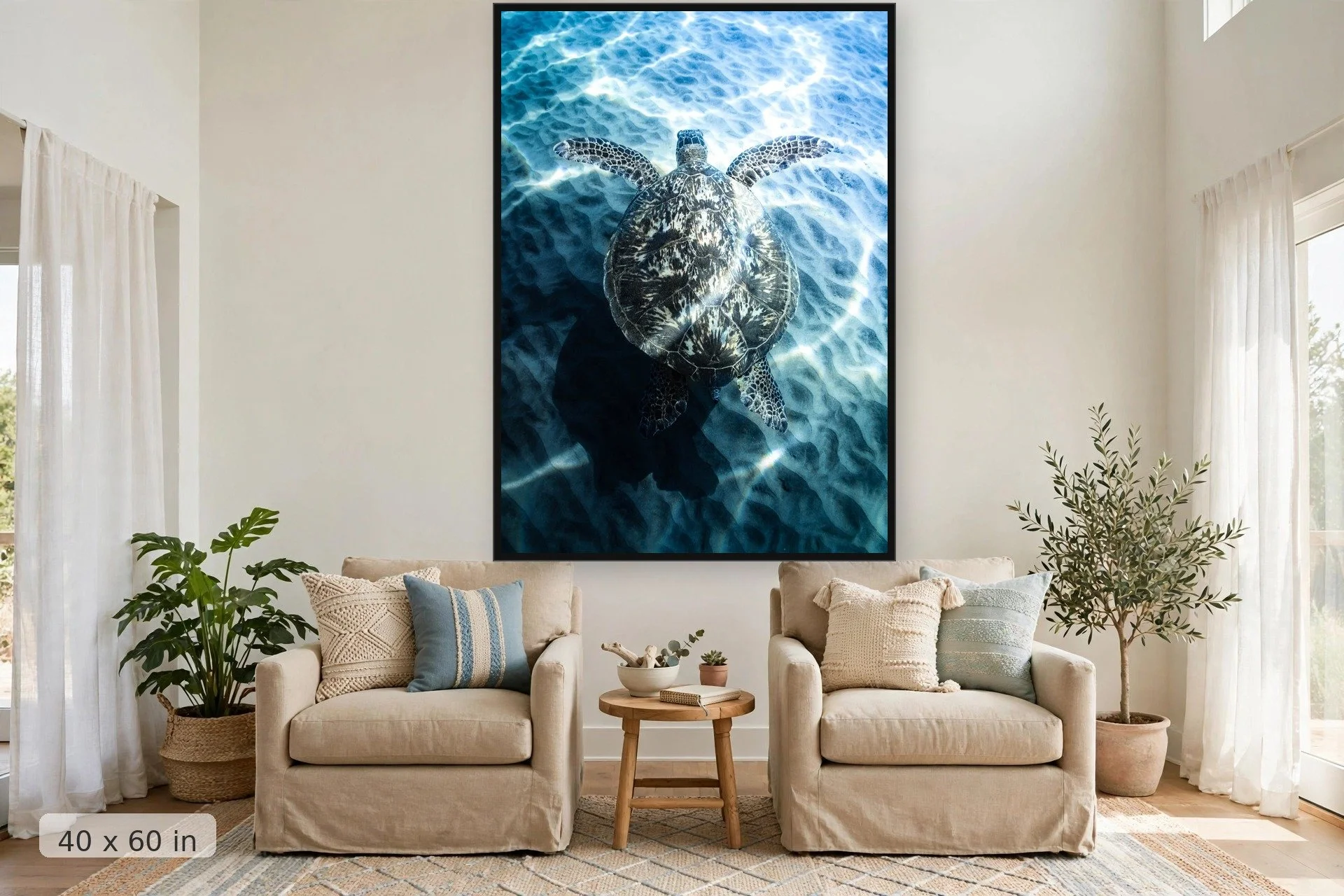 sea turtle glides along ocean bottom with sand and wave patterns texturing photo — Honu Gliding print, 40x60 large mockup in a living room