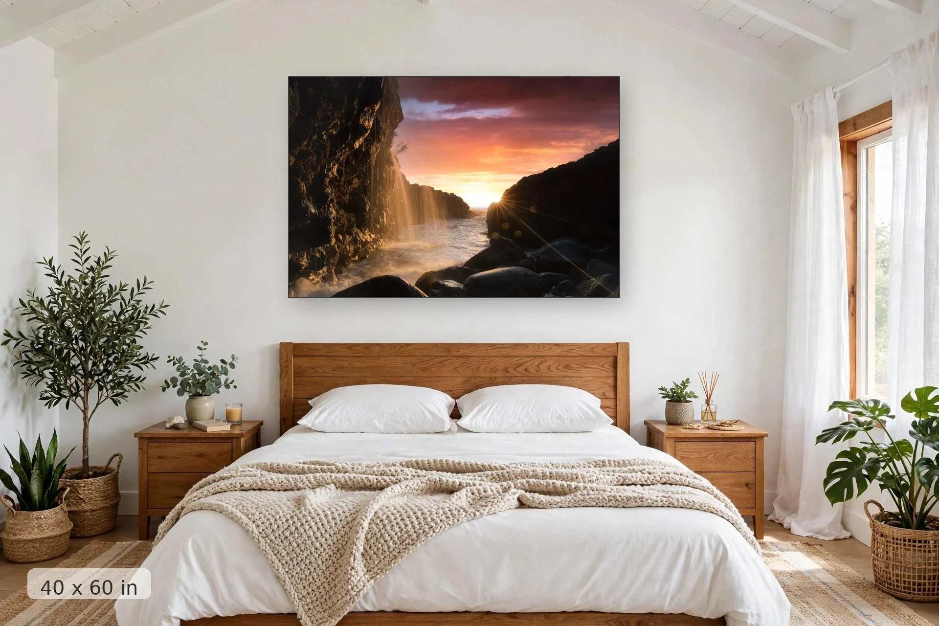 view from below queens bath in kauai with bright pink sunset in background — Mystical Sunset print, 40x60 mockup above a bedroom headboard