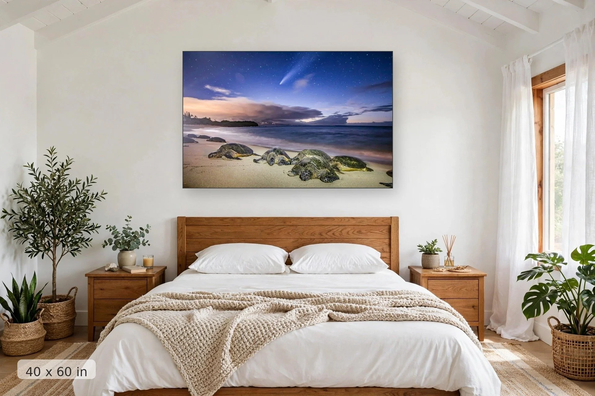 turtles sleep on the beach with the neowise comet traveling overhead — Neowise Honu print, 40x60 mockup above a bedroom headboard
