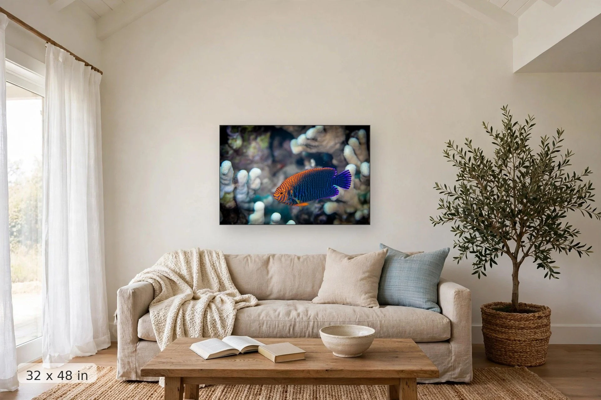 Potter's angelfish on a Maui reef — Potter Angelfish print, 32x48 mockup above a living room sofa