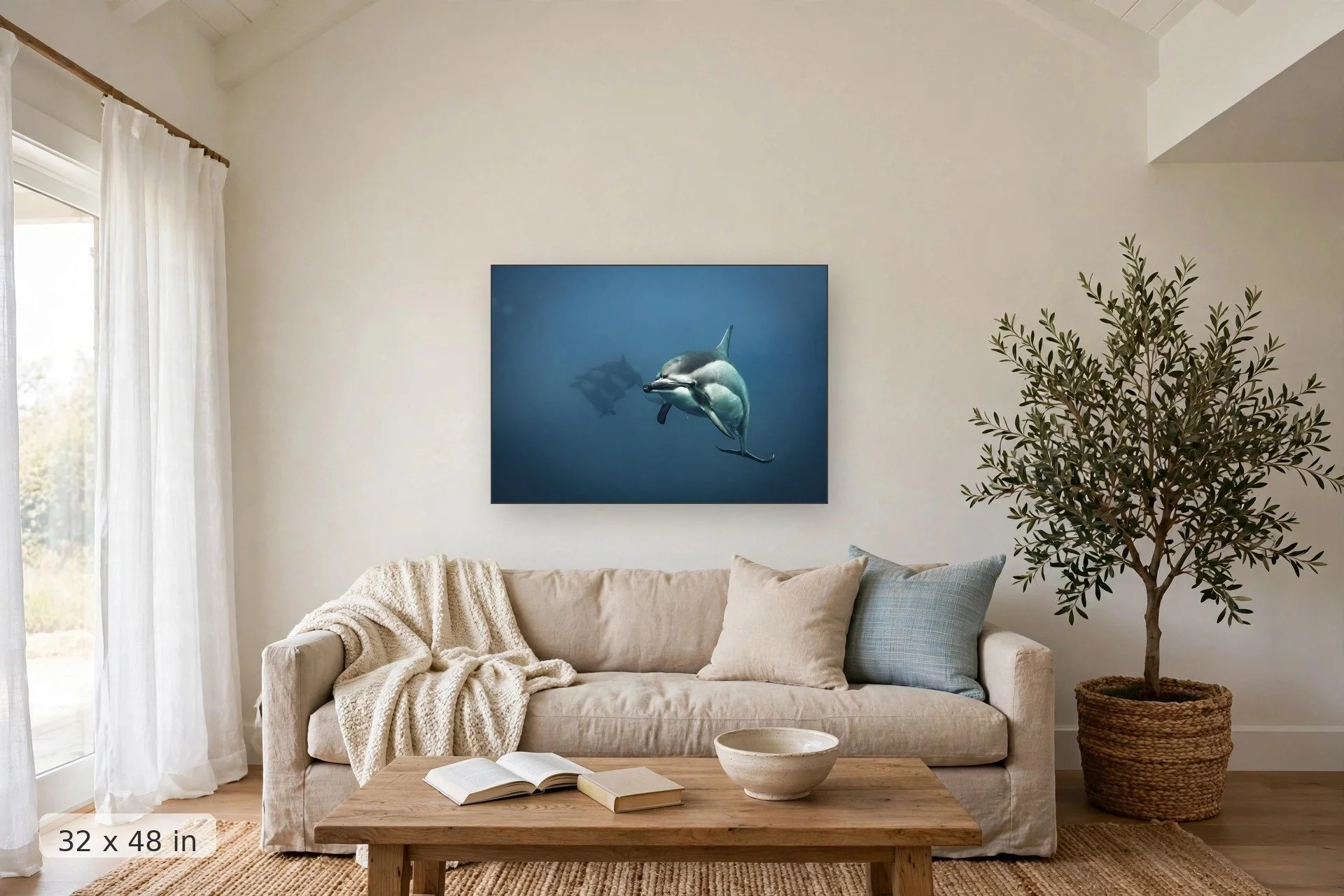 A curious spinner dolphin leaves its pod and swims toward the camera — Dolphin Peek print, 32x48 mockup above a living room sofa