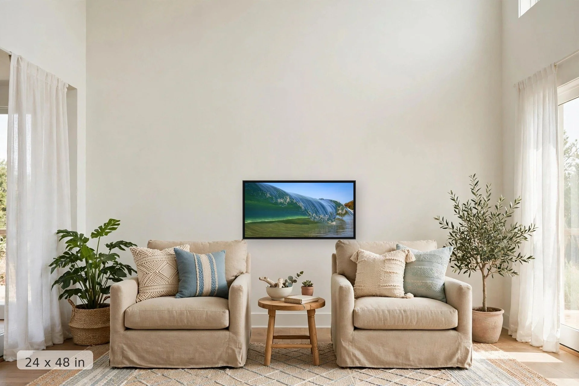 Frozen ocean wave barrel — Frozen Tube print, 40x60 large mockup in a living room