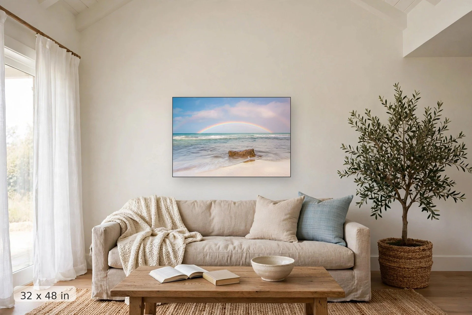 double rainbow over white sandy beach and calm water — Morning Rainbow print, 32x48 mockup above a living room sofa