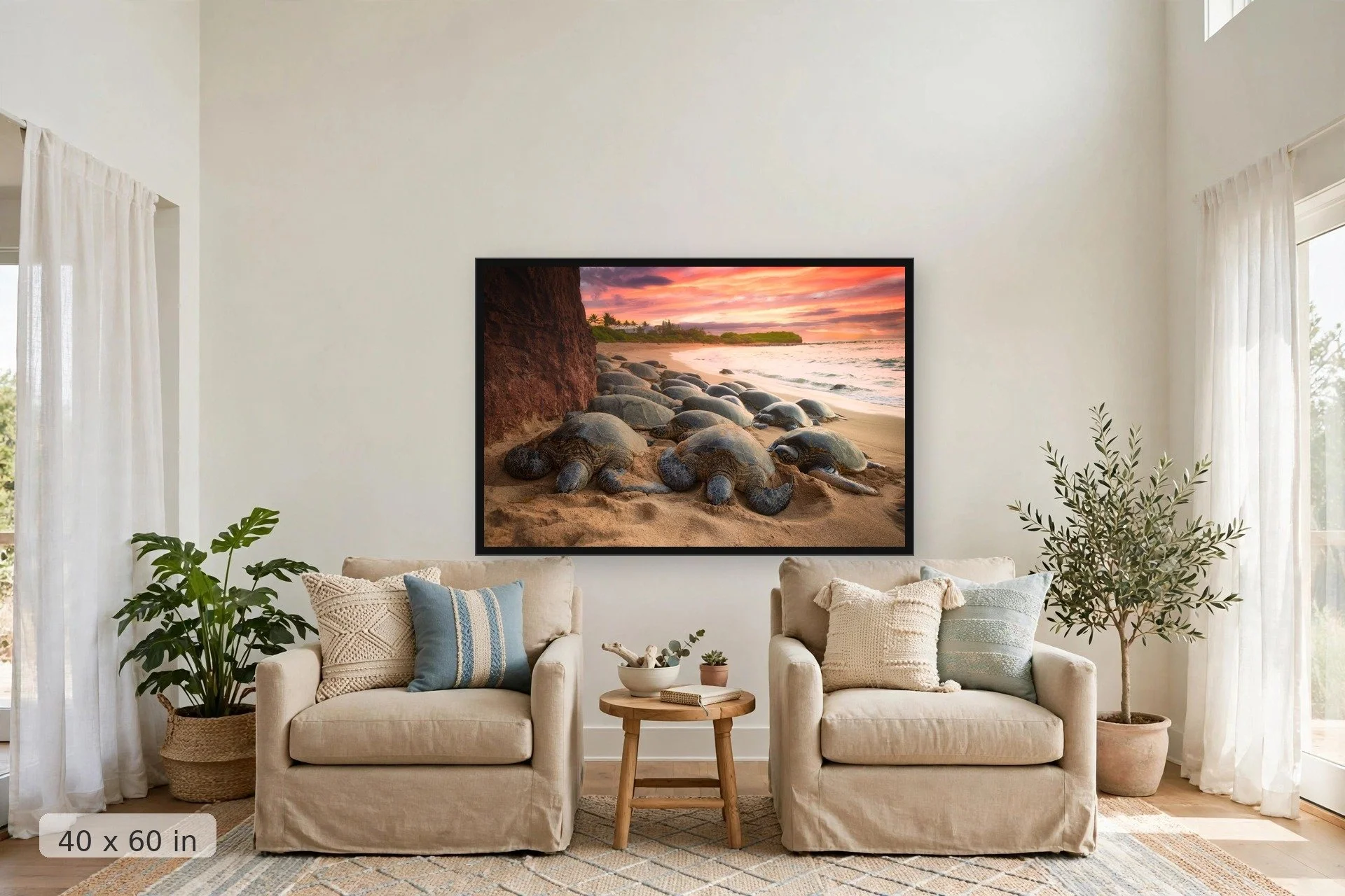 Turtles sleeping on beach with sunset in background — Tavares Turtles print, 40x60 large mockup in a living room