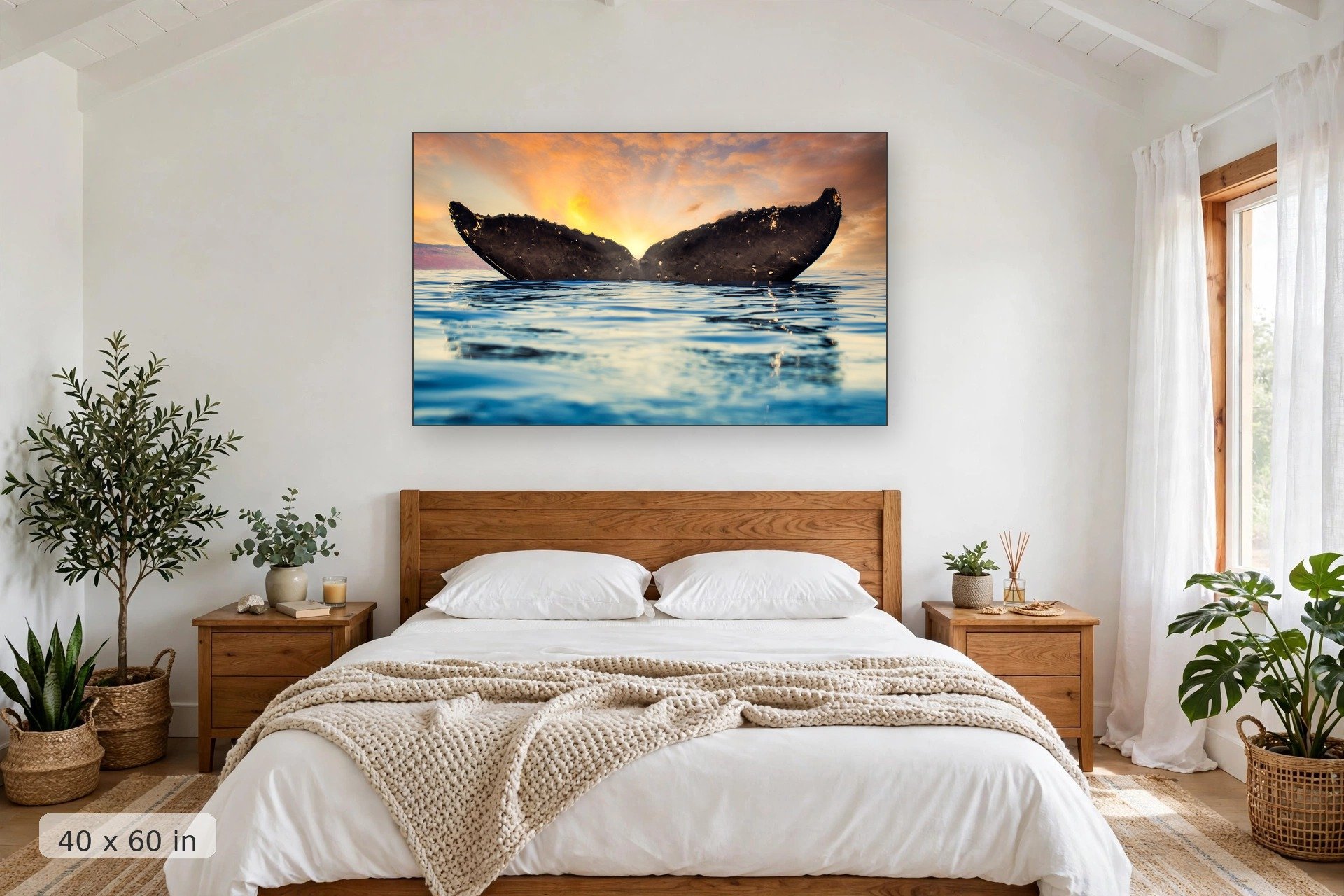 Humpback whale tail at sunset — Whale Tail Sunset print, 40x60 mockup above a bedroom headboard
