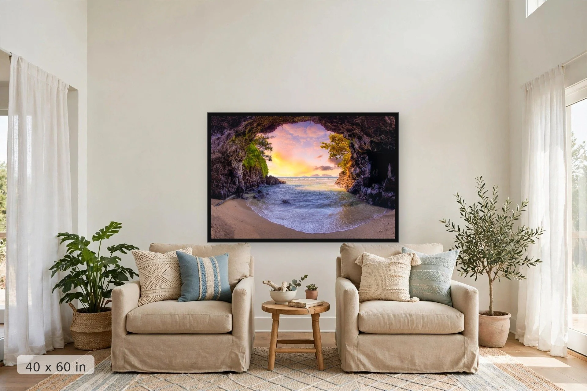 colorful and mystical cave looks out onto a calm ocean — Kauai Cave print, 40x60 large mockup in a living room