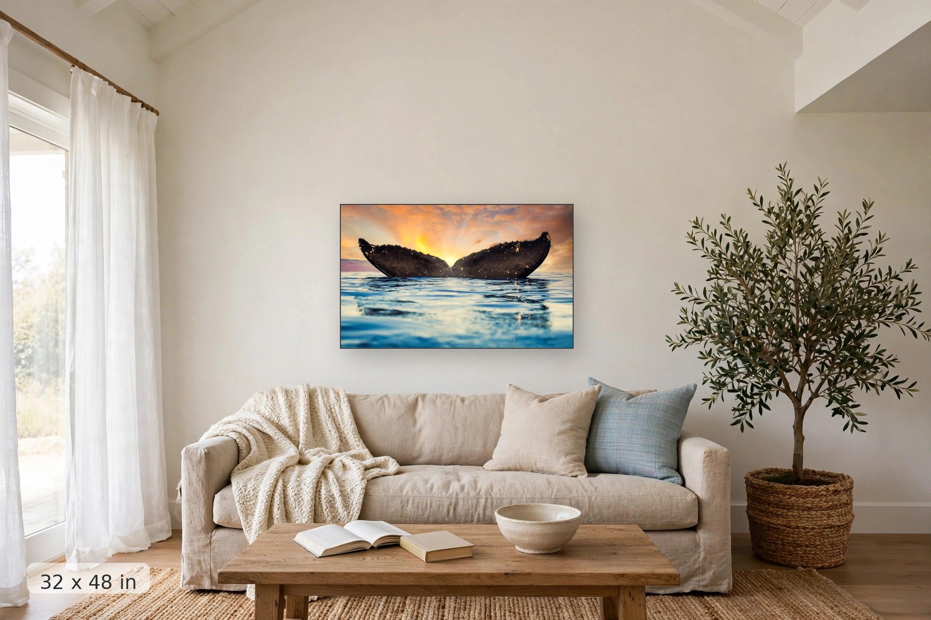 Humpback whale tail at sunset — Whale Tail Sunset print, 32x48 mockup above a living room sofa