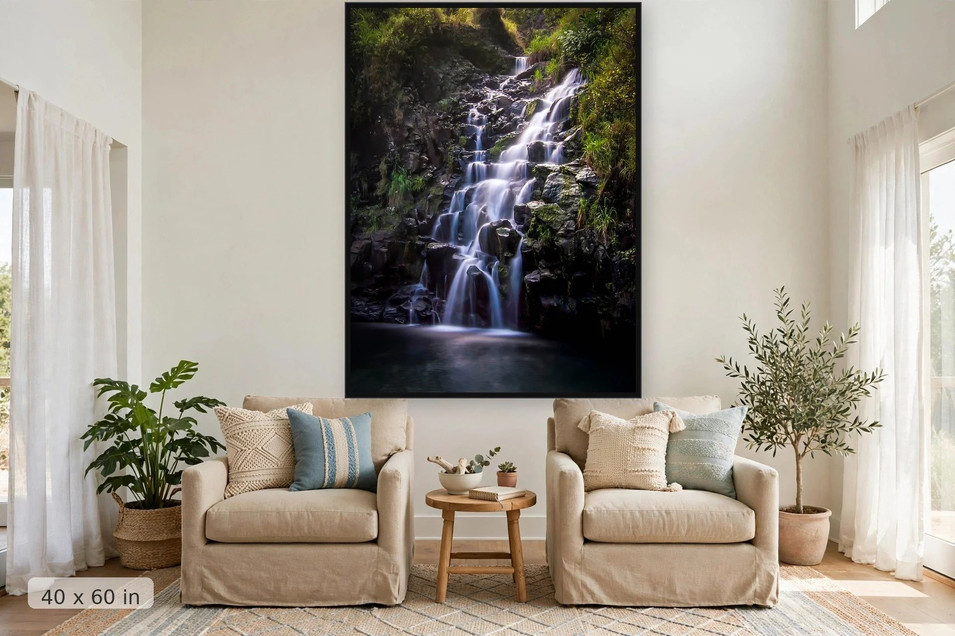 Emerald canyon waterfall — Flowing Staircase print, 40x60 large mockup in a living room