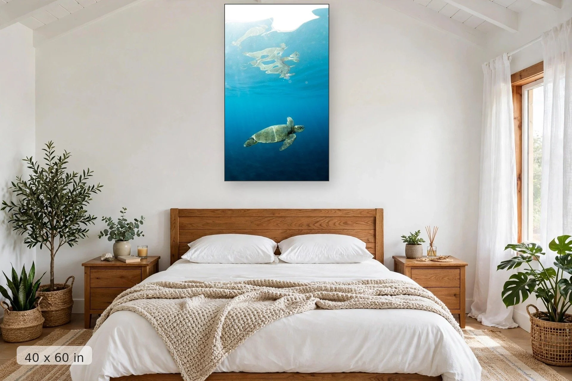 The reflection of a Green Hawaiian Sea Turtle grows larger at it swims closer to the surface — Blue Honu Reflection print, 40x60 mockup above a bedroom headboard