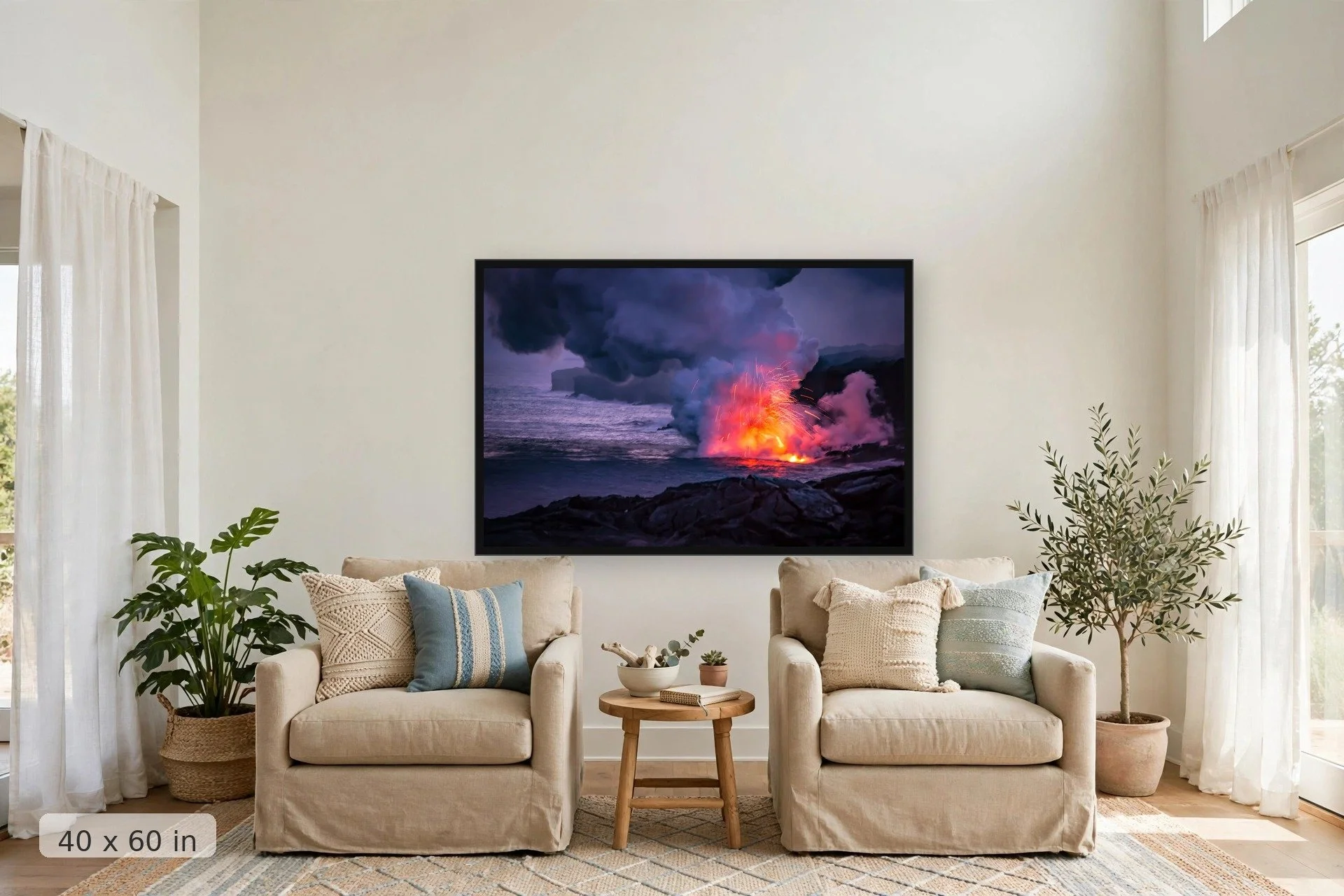 fresh lava spews into the ocean creating a fireworks display as it touches the water — Lava Fireworks print, 40x60 large mockup in a living room