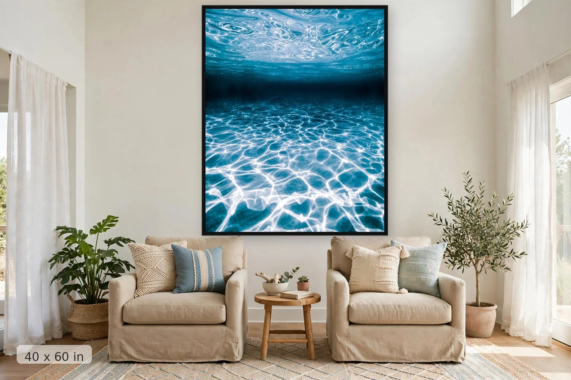 light and texture patterns on the ocean seafloor — Water Shapes print, 40x60 large mockup in a living room