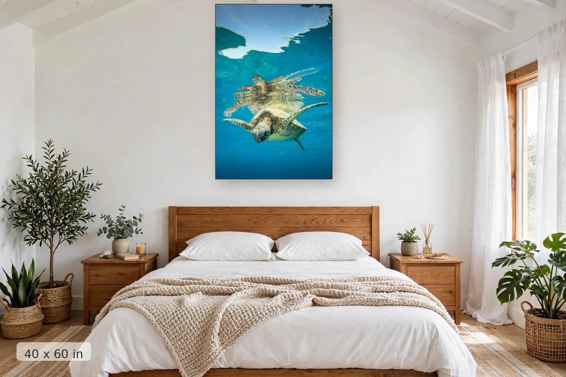 a turtles image reflects along the surface of the water — Mala Honu Reflection print, 40x60 mockup above a bedroom headboard